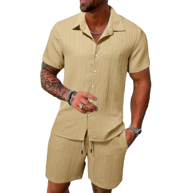 Men’s Solid Color Striped Lapel Short Sleeve Shorts Casual Set X Men’s Solid Color Striped Lapel Short Sleeve Shorts Casual Set X