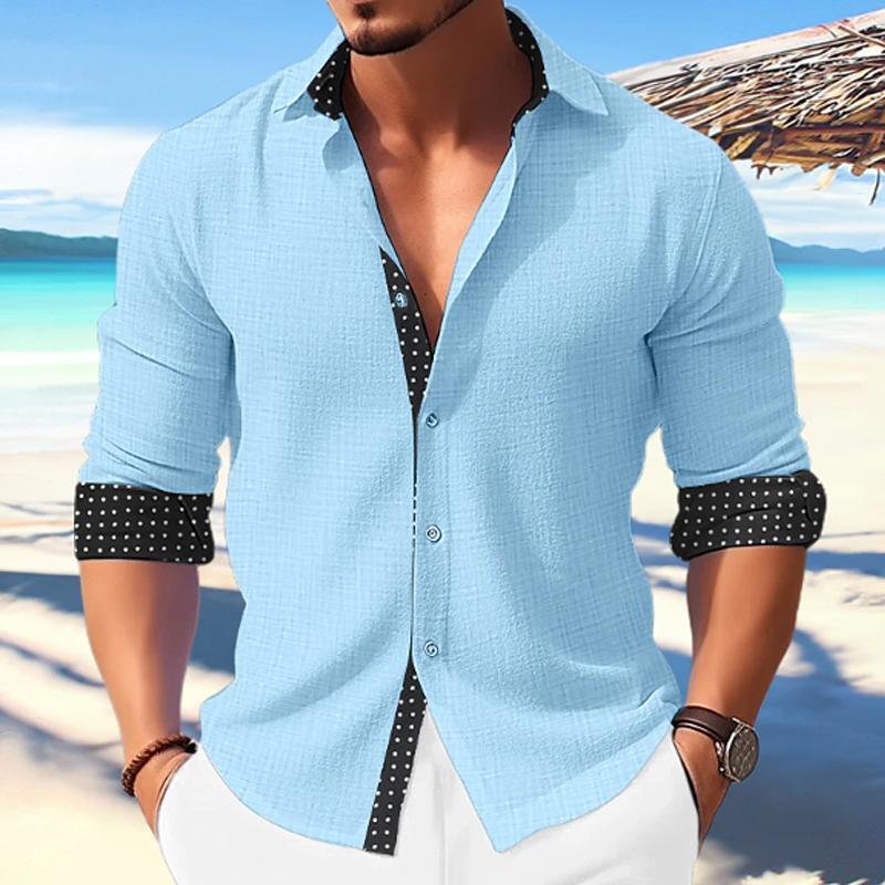 Men’s Casual Polka Dot Print Paneled Lapel Long Sleeve Shirt Y Men’s Casual Polka Dot Print Paneled Lapel Long Sleeve Shirt Y