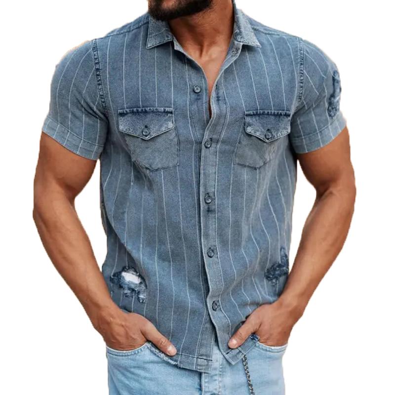 Men’s Vintage Stripe Ripped Short Sleeve Denim Shirt Y Men’s Vintage Stripe Ripped Short Sleeve Denim Shirt Y