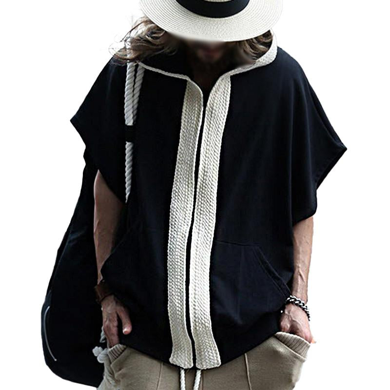 Men’s Loose Color Block Hooded Short Sleeve Sweatshirt Jacket Y