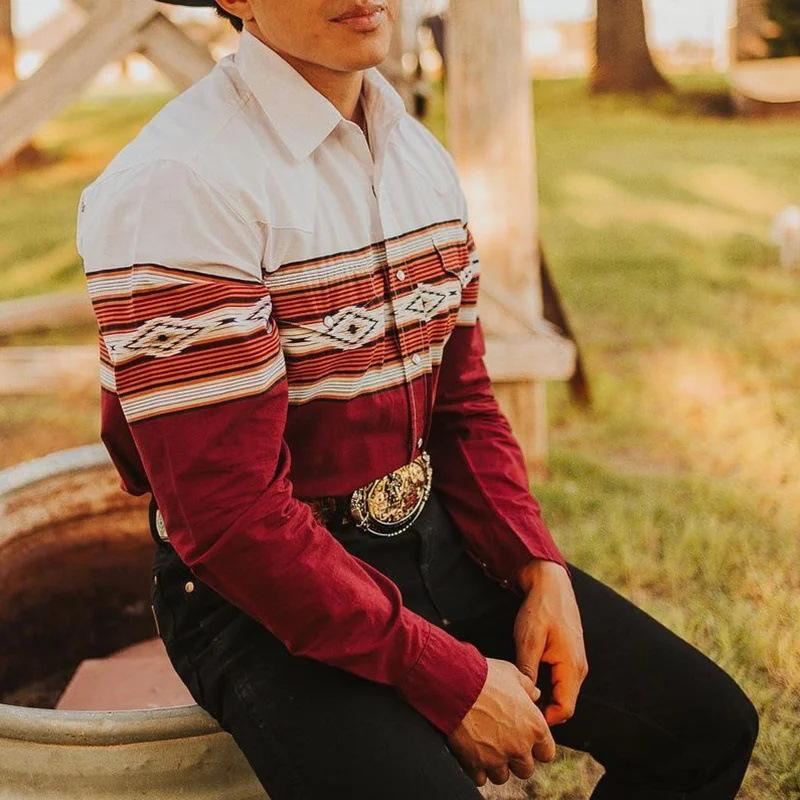 Men’s Western Denim Print Lapel Long Sleeve Shirt X