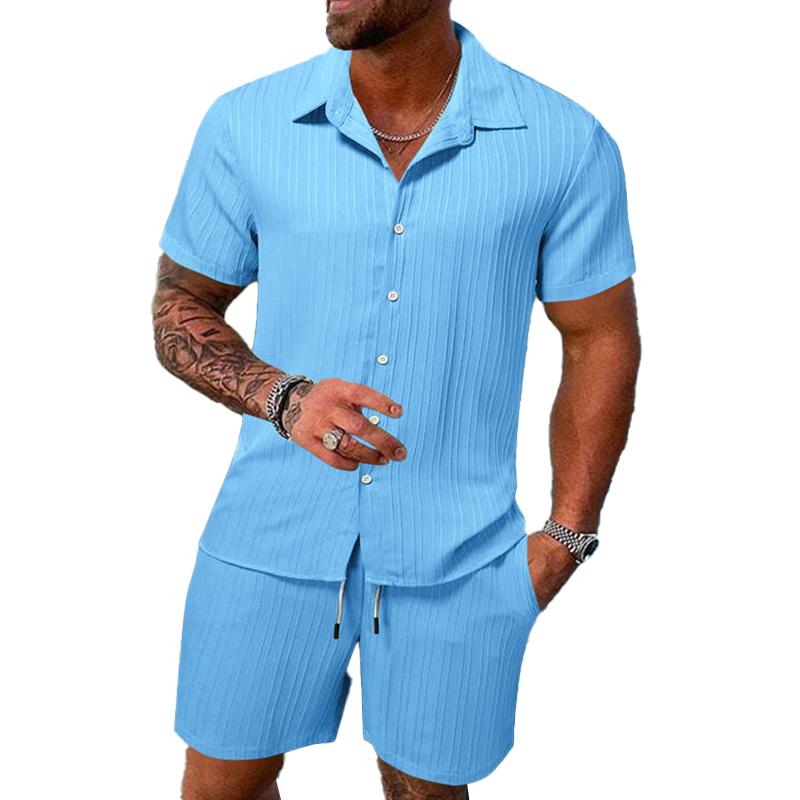 Men’s Solid Color Striped Lapel Short Sleeve Shorts Casual Set X Men’s Solid Color Striped Lapel Short Sleeve Shorts Casual Set X