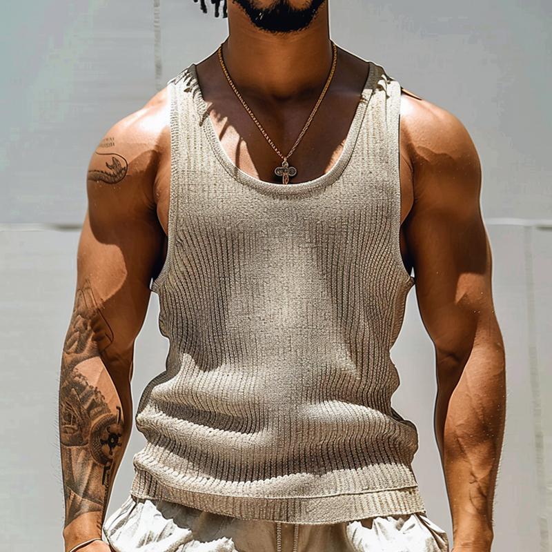 Men’s Solid Color Round Neck Striped Textured Tank Top X Men’s Solid Color Round Neck Striped Textured Tank Top X