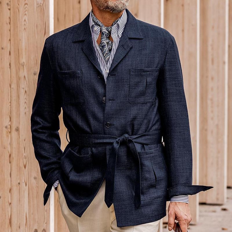 Men’s Solid Color Cotton Linen Multi Pocket Button Blazer X