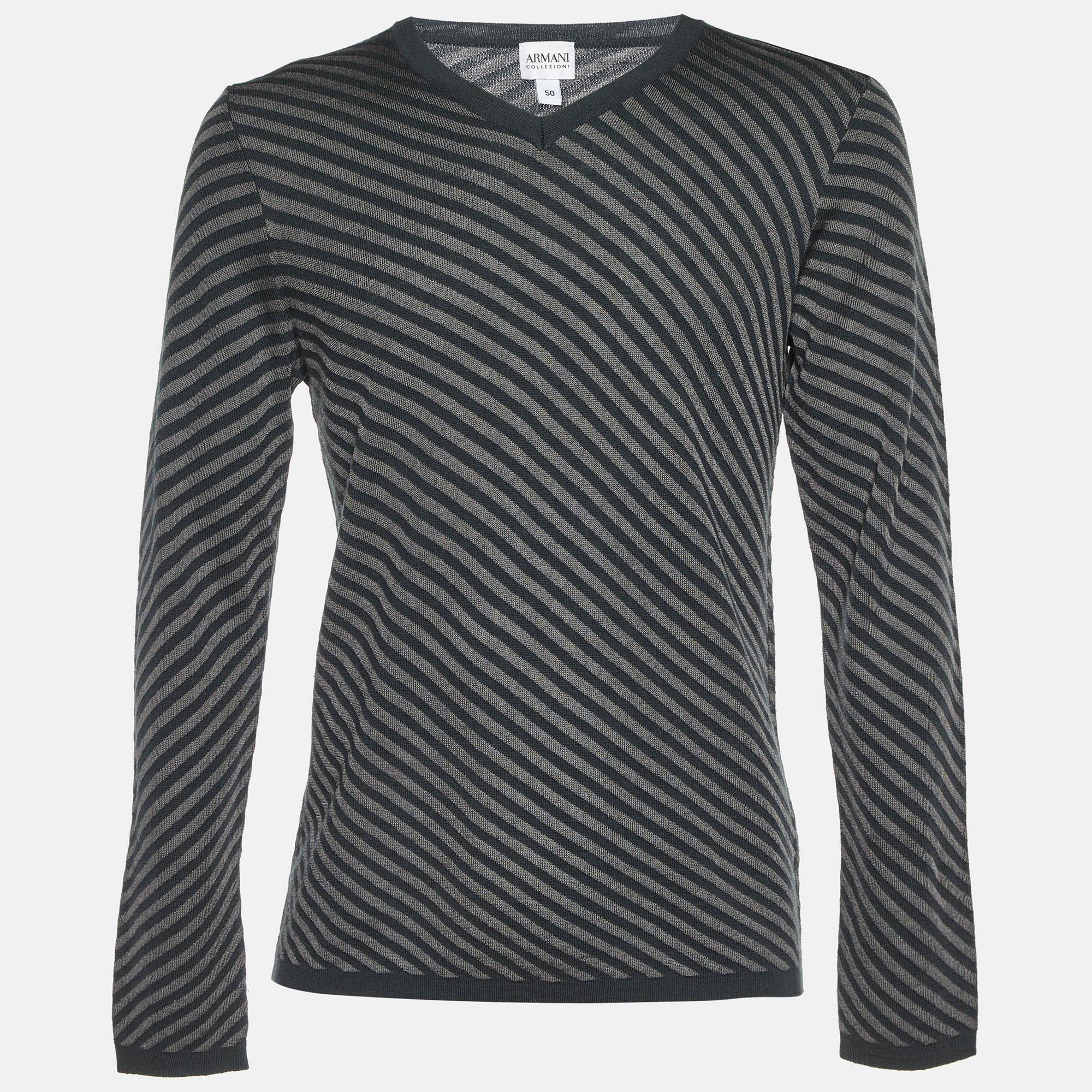 Armani Collezioni Grey Diagonal Striped Wool V-Neck Jumper