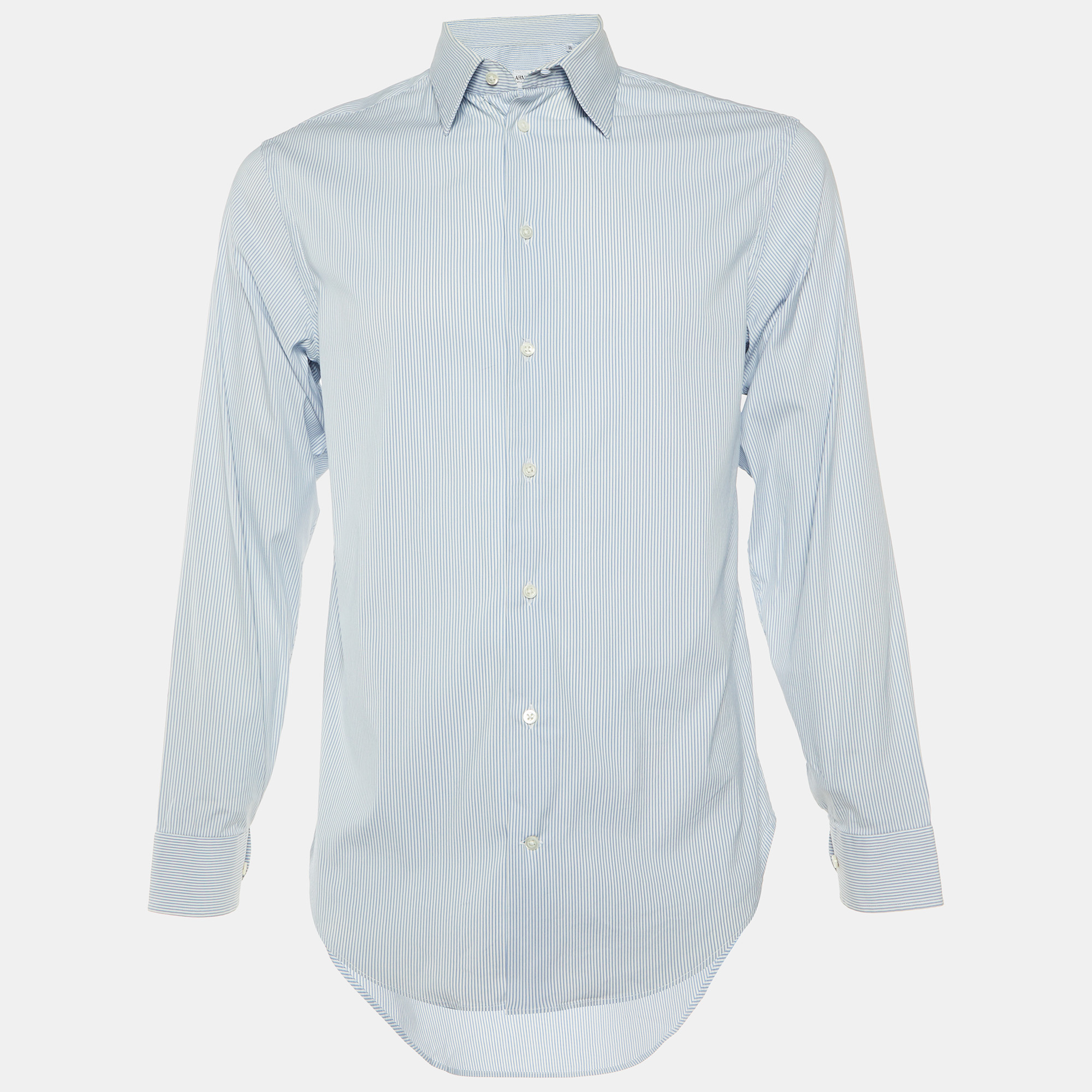 Armani Collezioni BlueWhite Striped Stretch Cotton Long Sleeve Shirt