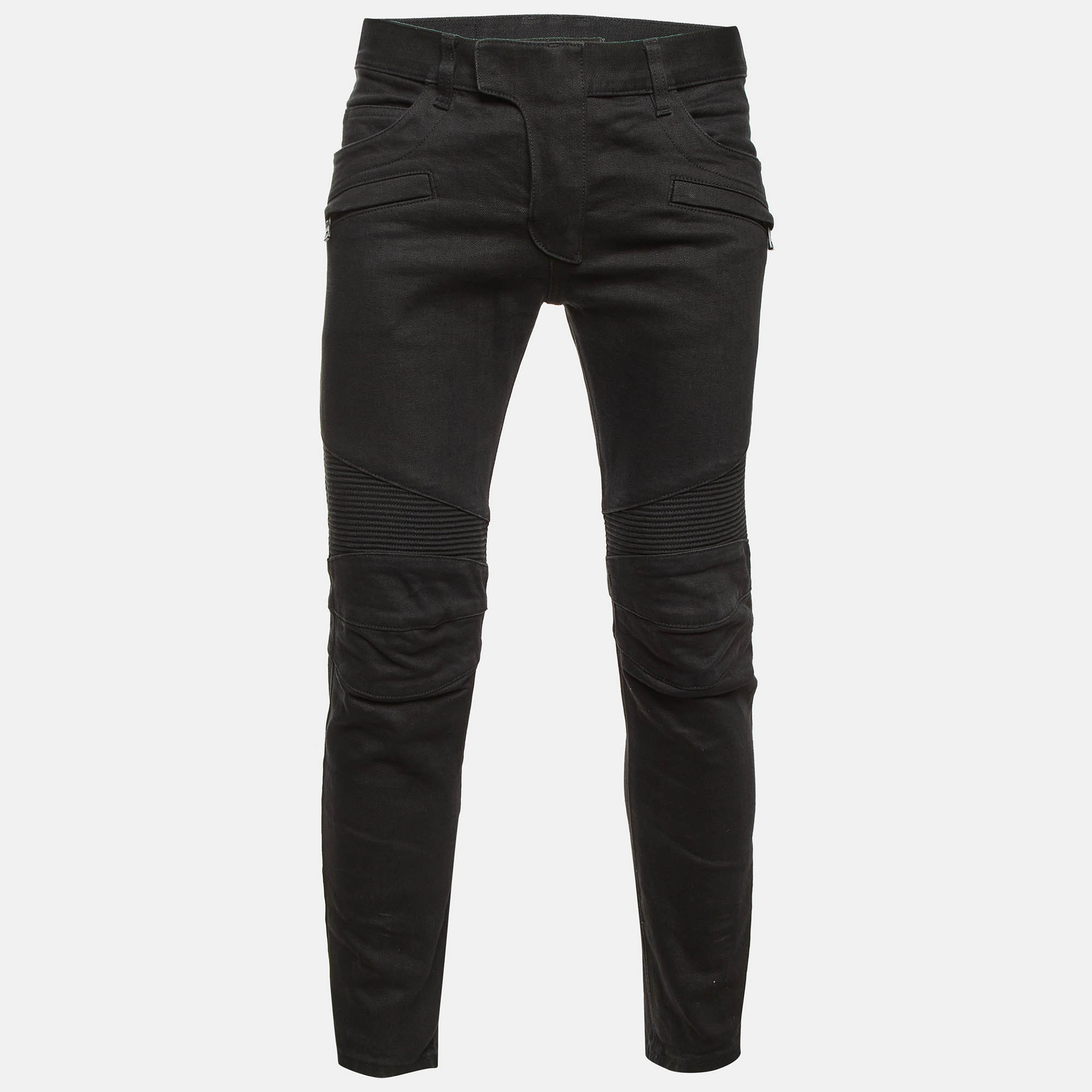 Balmain Black Denim Rib Detail Slim Fit Biker Jeans MWaist “ Balmain Black Denim Rib Detail Slim Fit Biker Jeans MWaist “