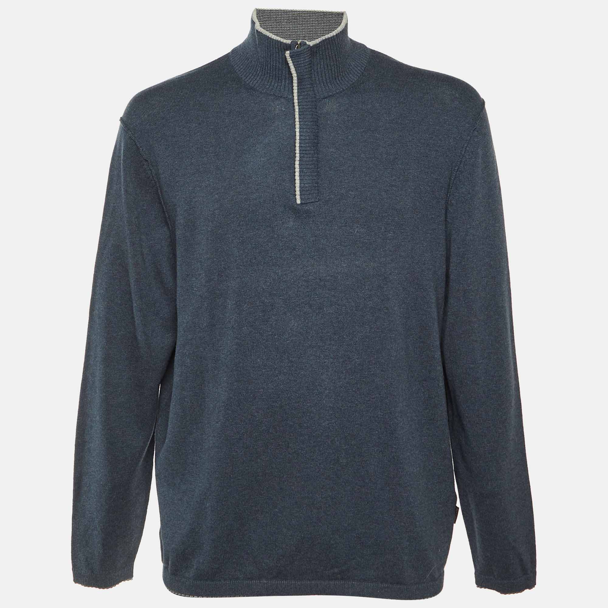 Boss By Hugo Boss Blue Cotton & Cashmere Knit Pewis Jumper