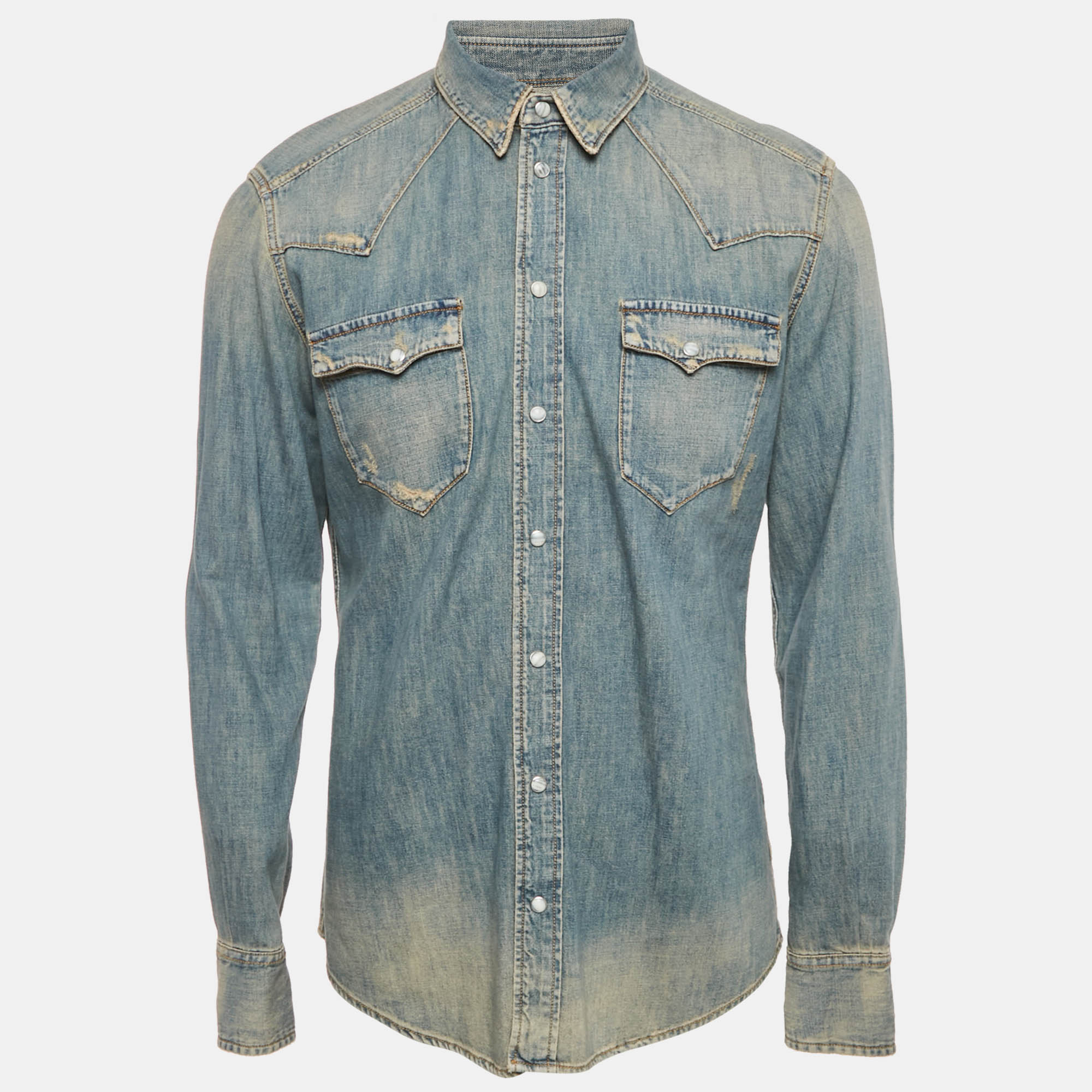 Dolce & Gabbana Blue Faded Distressed Denim Shirt Dolce & Gabbana Blue Faded Distressed Denim Shirt