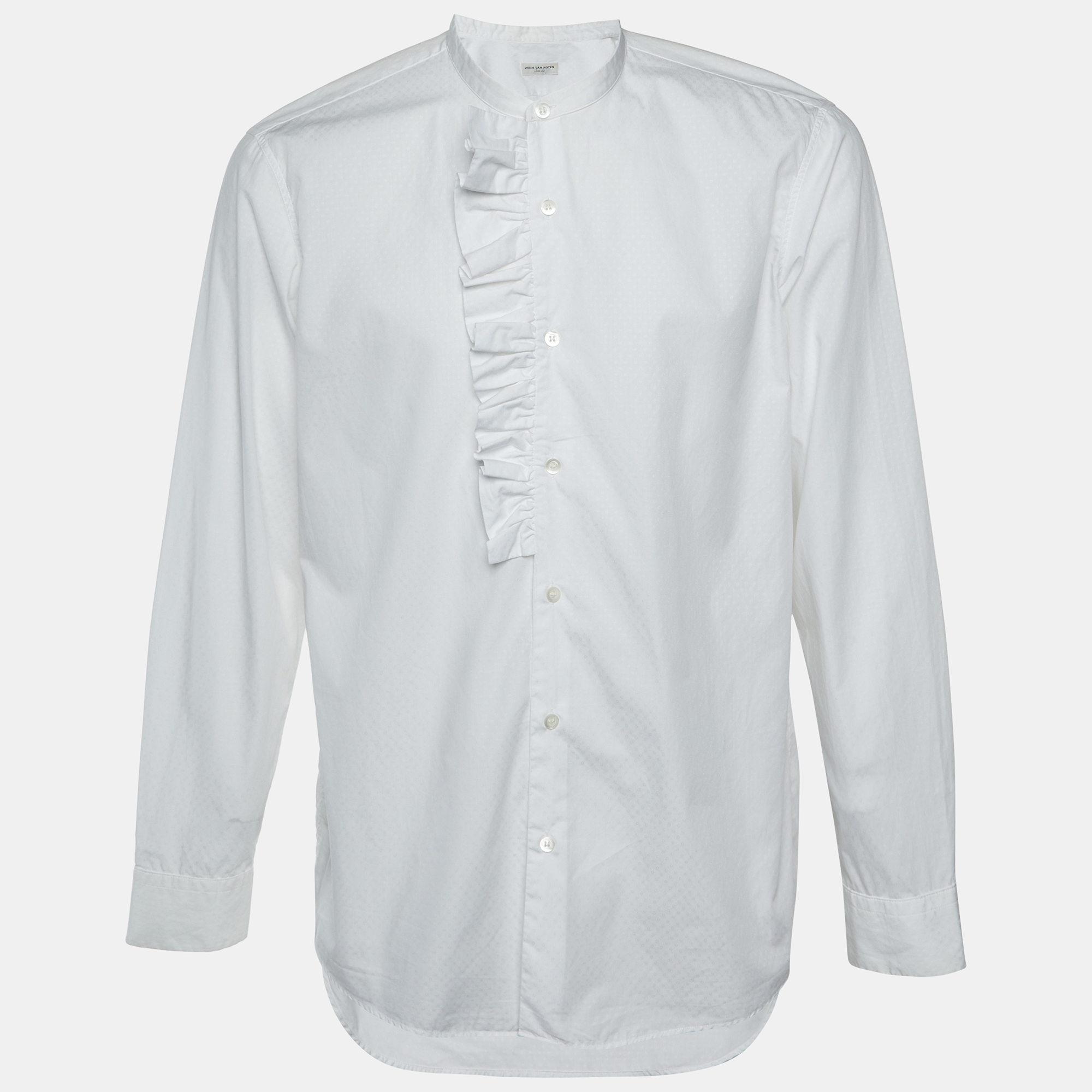 Dries van Noten White Cotton Frill Detail Mandarin Collar Shirt Dries van Noten White Cotton Frill Detail Mandarin Collar Shirt