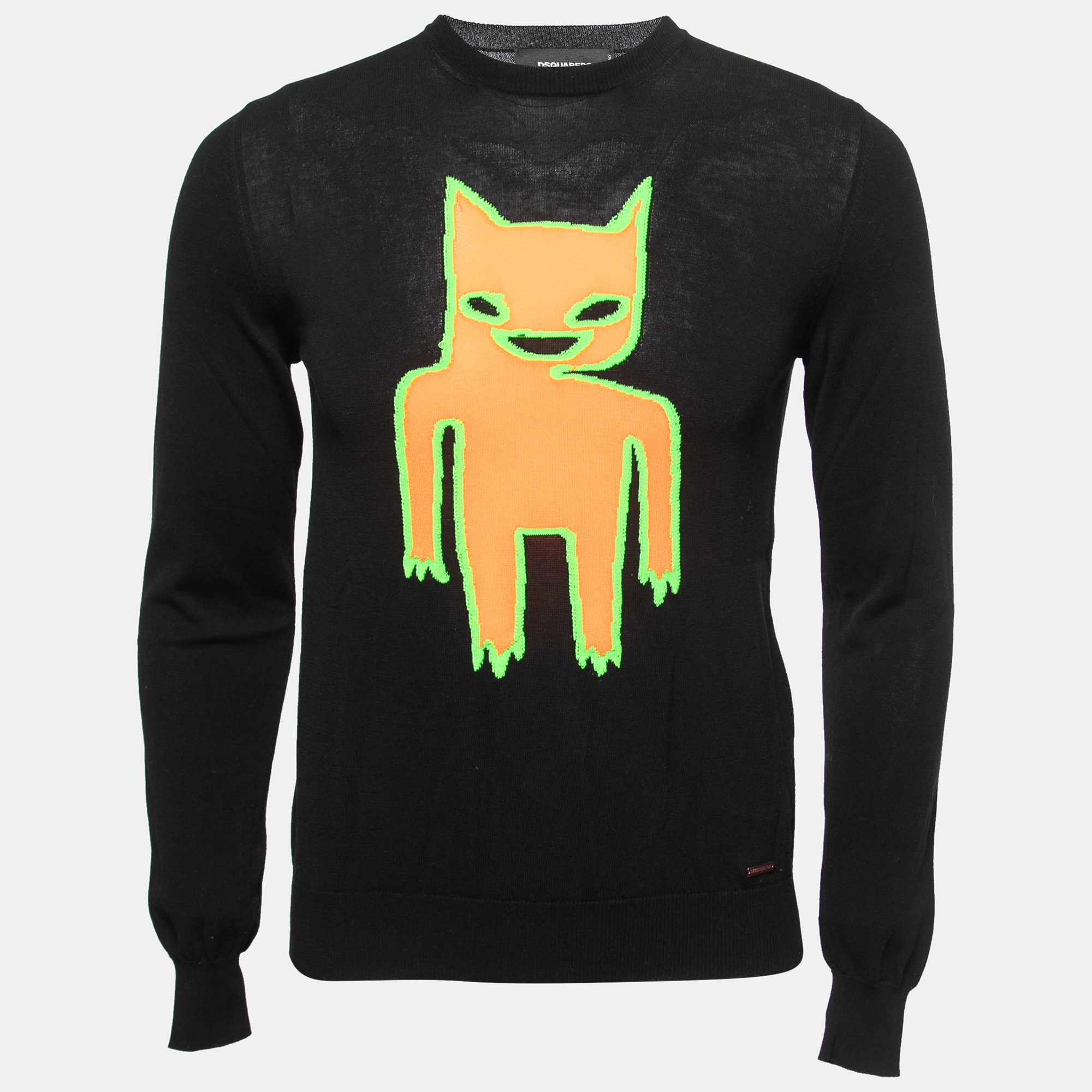 Dsquared Black Neon Motif Stretch Knit Crew Neck Jumper Dsquared Black Neon Motif Stretch Knit Crew Neck Jumper