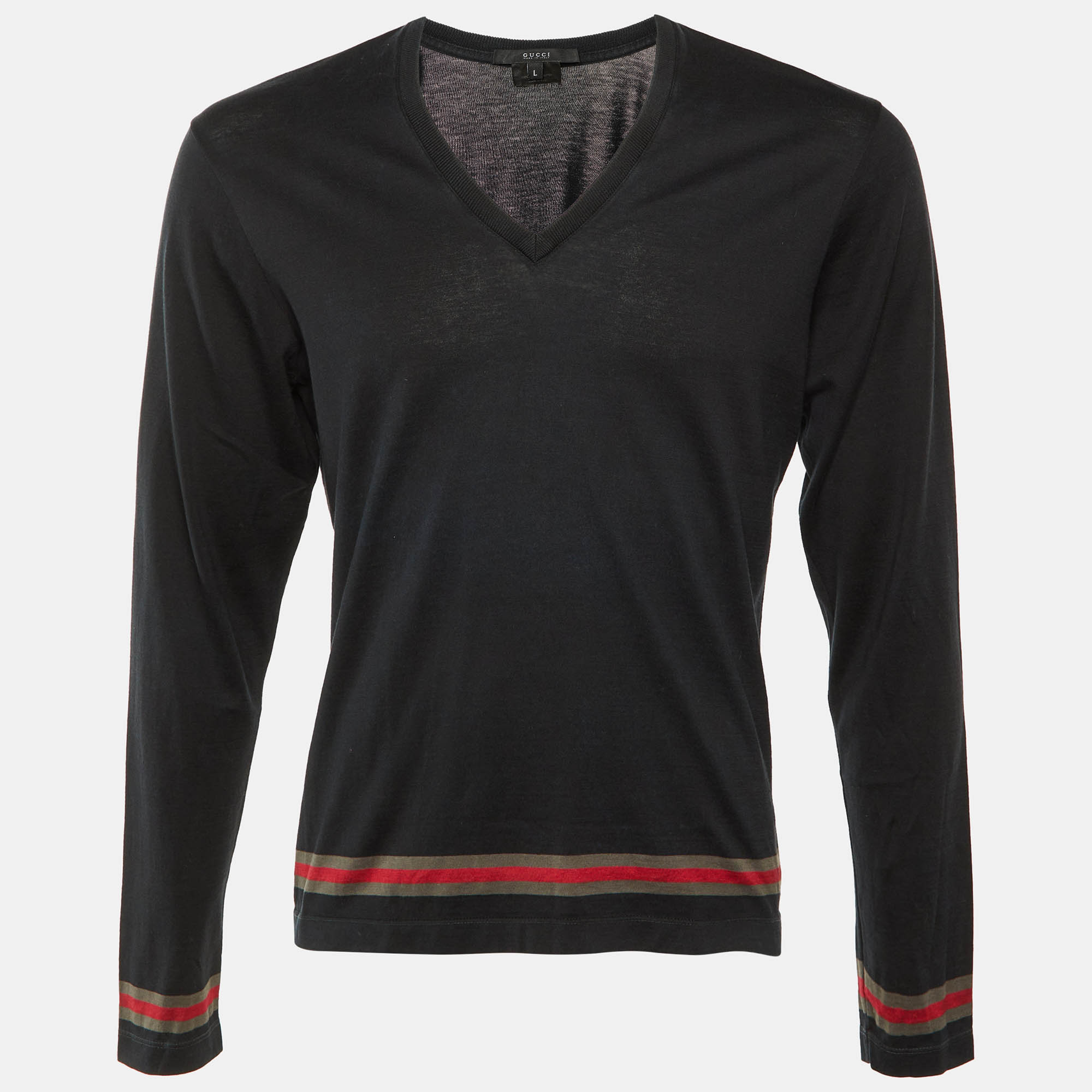 Gucci Black Cotton Web Striped V-Neck Long Sleeve Shirt Gucci Black Cotton Web Striped V-Neck Long Sleeve Shirt