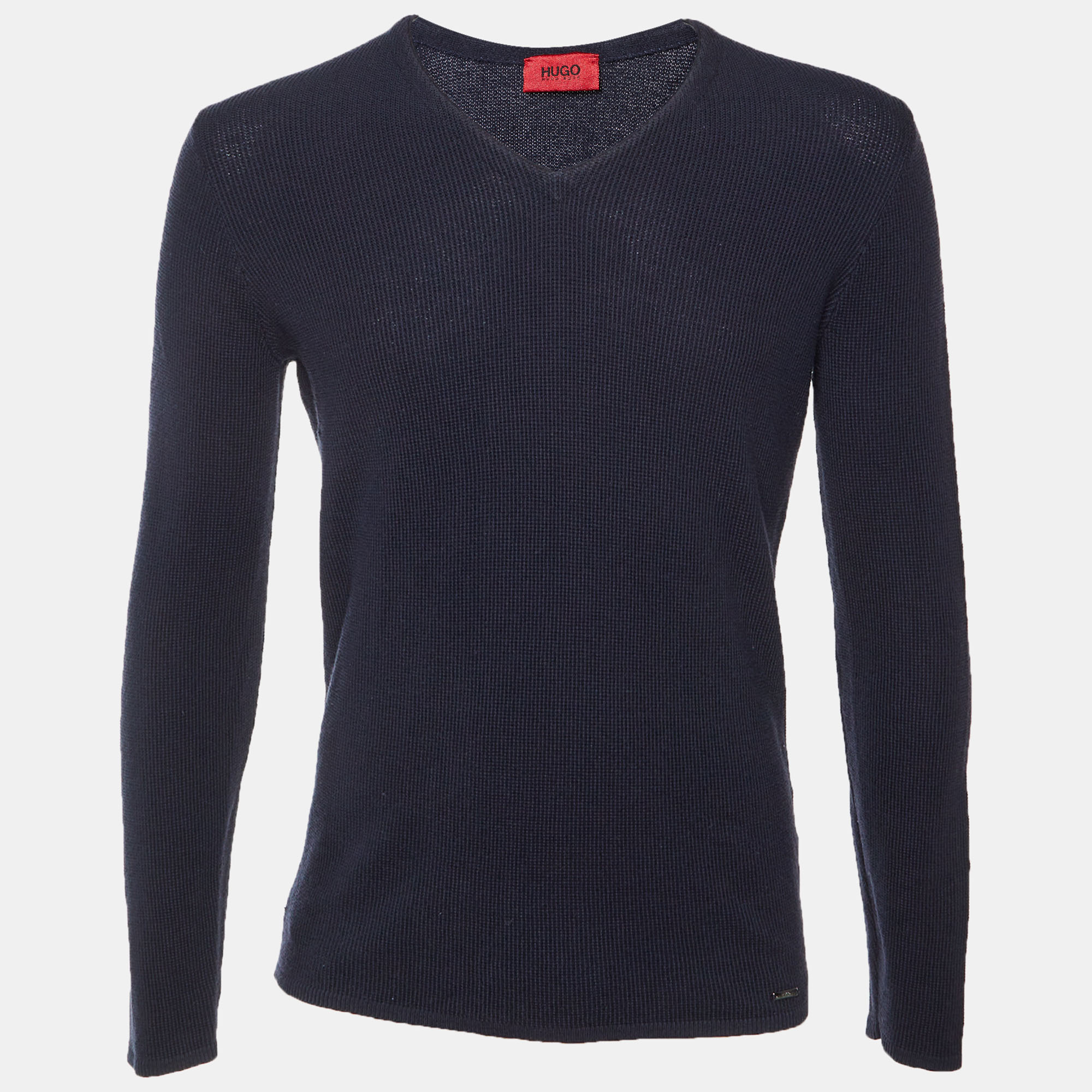 Hugo Boss Navy Blue Patterned Cotton & Wool Knit V-Neck Jumper