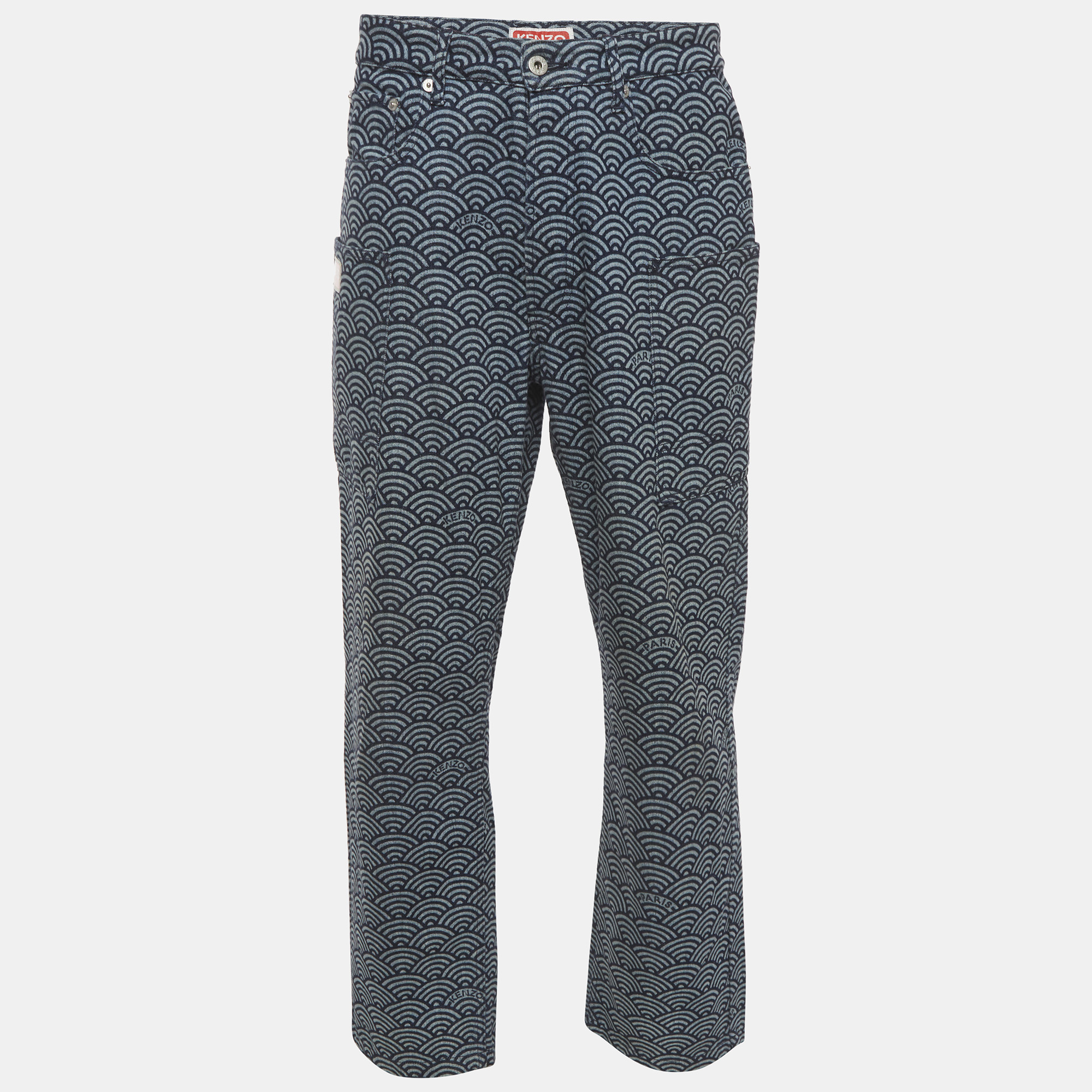 Kenzo Blue Japanese Seigaiha Wave Print Denim Cargo Jeans SWaist “ Kenzo Blue Japanese Seigaiha Wave Print Denim Cargo Jeans SWaist “