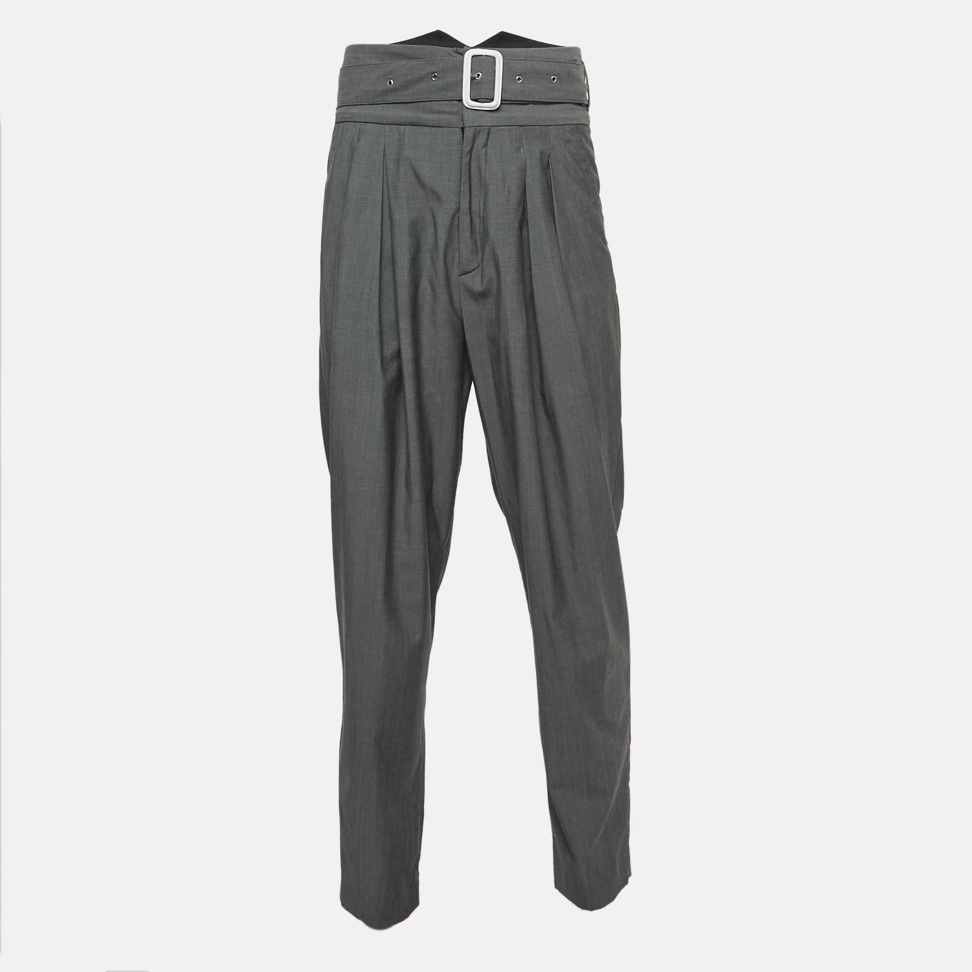 Kenzo Grey Wool Pleated High Waist Belted Trousers