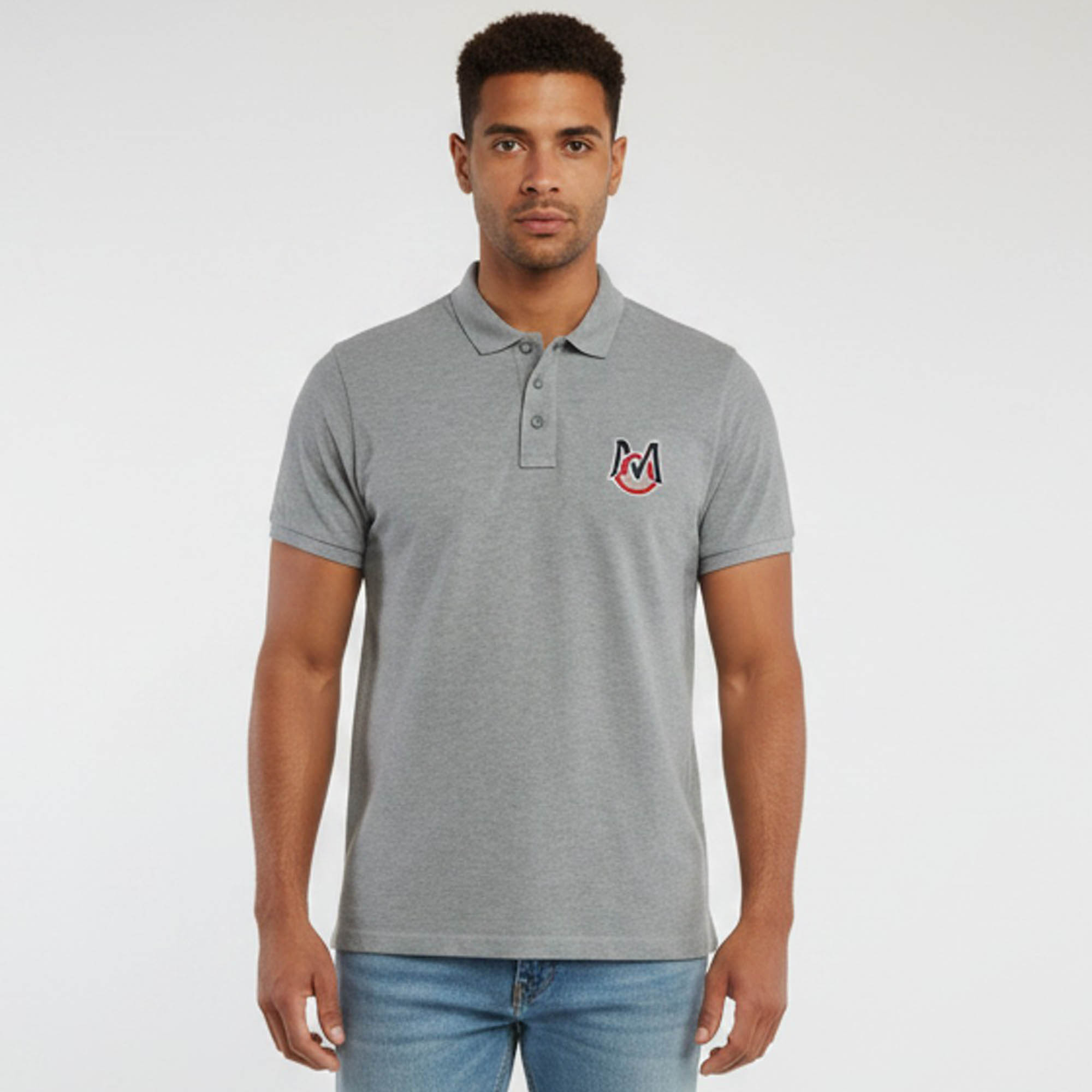 Moncler Grey Logo Appliqué Piqué Knit Polo Shirt