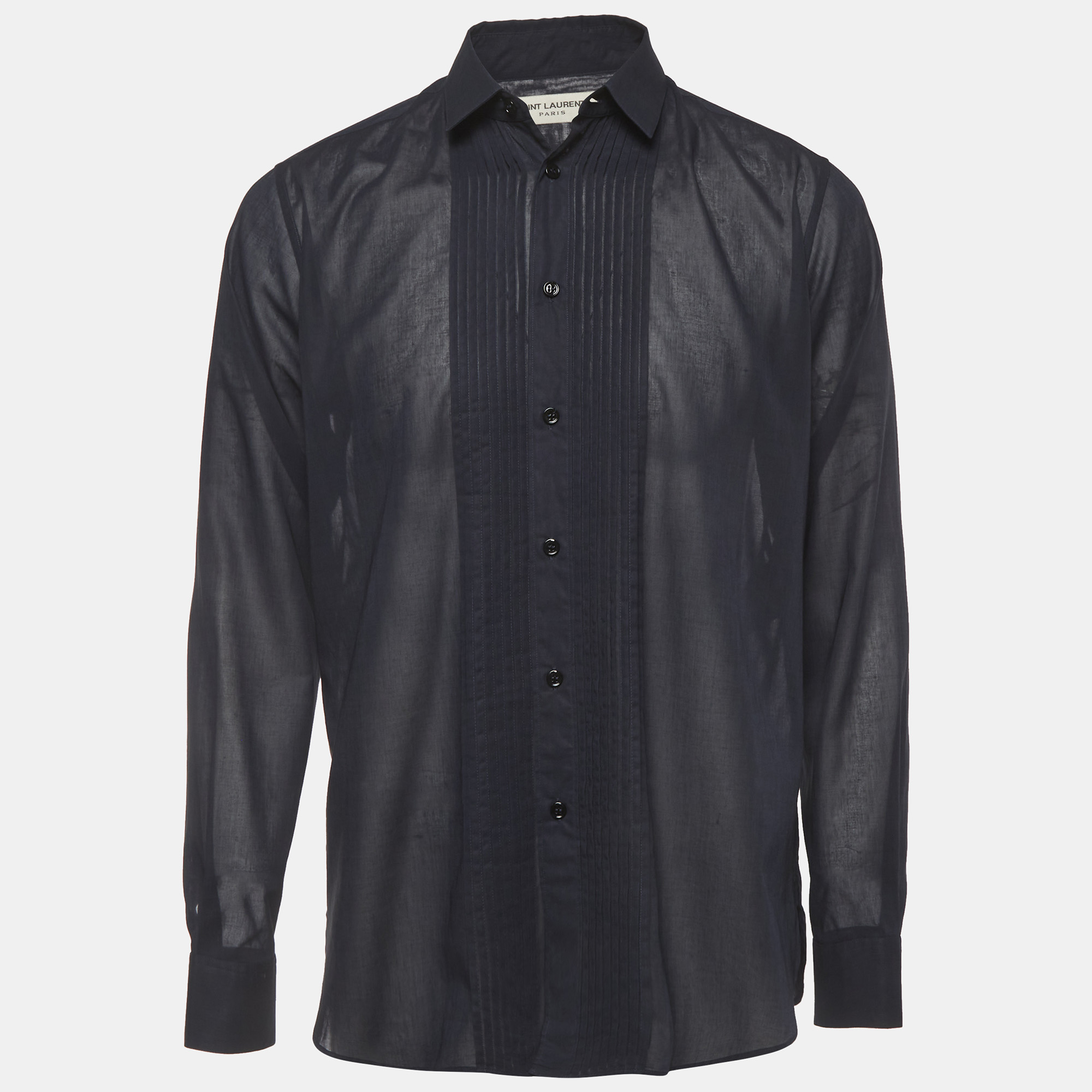 Saint Laurent Navy Blue Cotton Voile Pintuck Shirt Saint Laurent Navy Blue Cotton Voile Pintuck Shirt