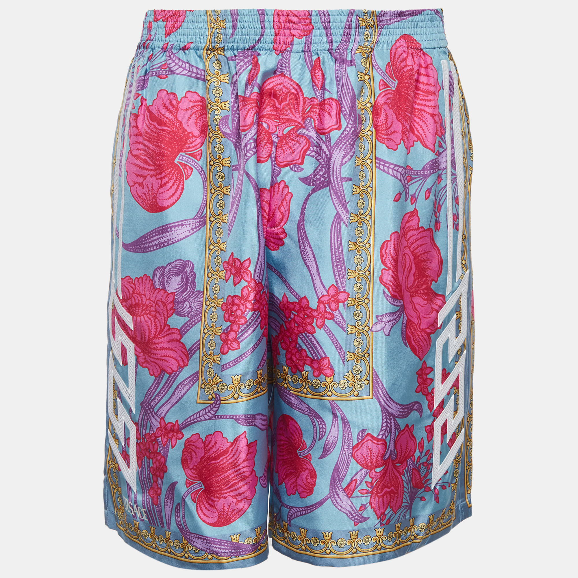 Versace Blue Floral Print Silk Embroidered Shorts Versace Blue Floral Print Silk Embroidered Shorts