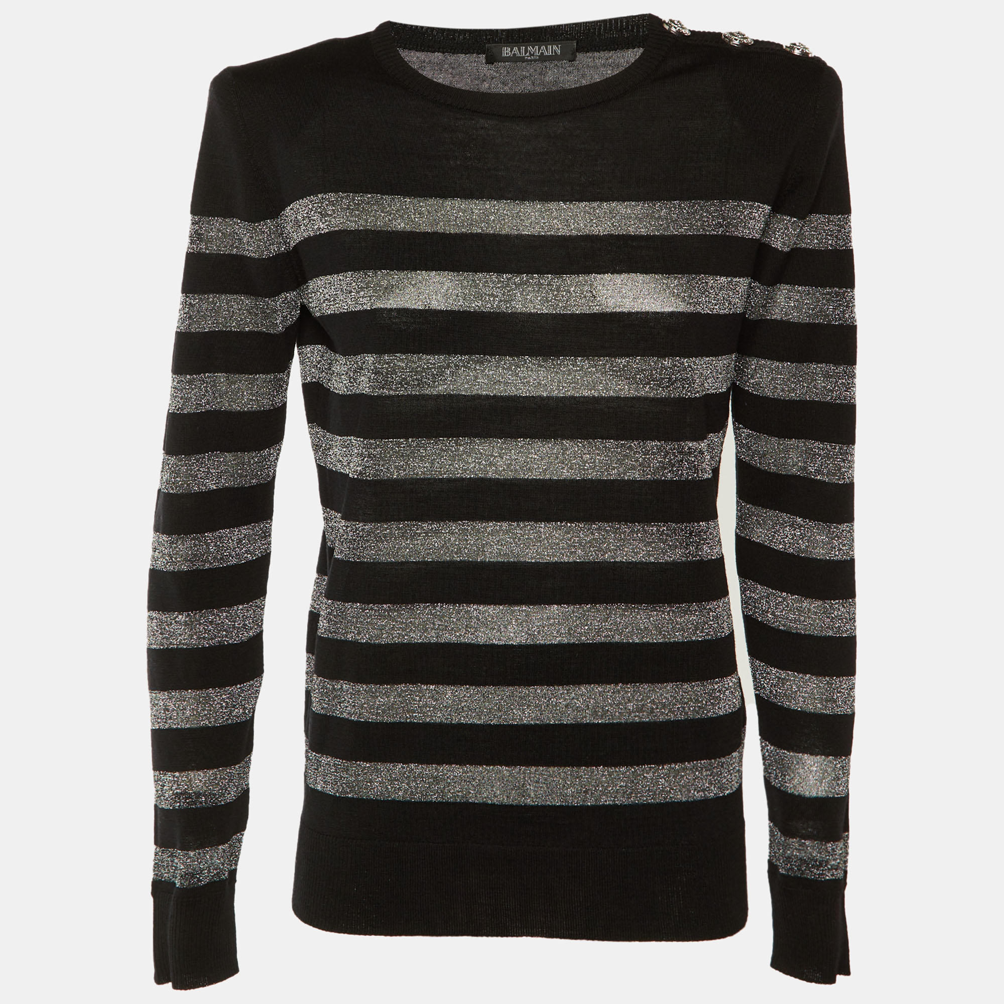 Balmain Black Striped Lurex Wool Structured Shoulder Jumper Balmain Black Striped Lurex Wool Structured Shoulder Jumper