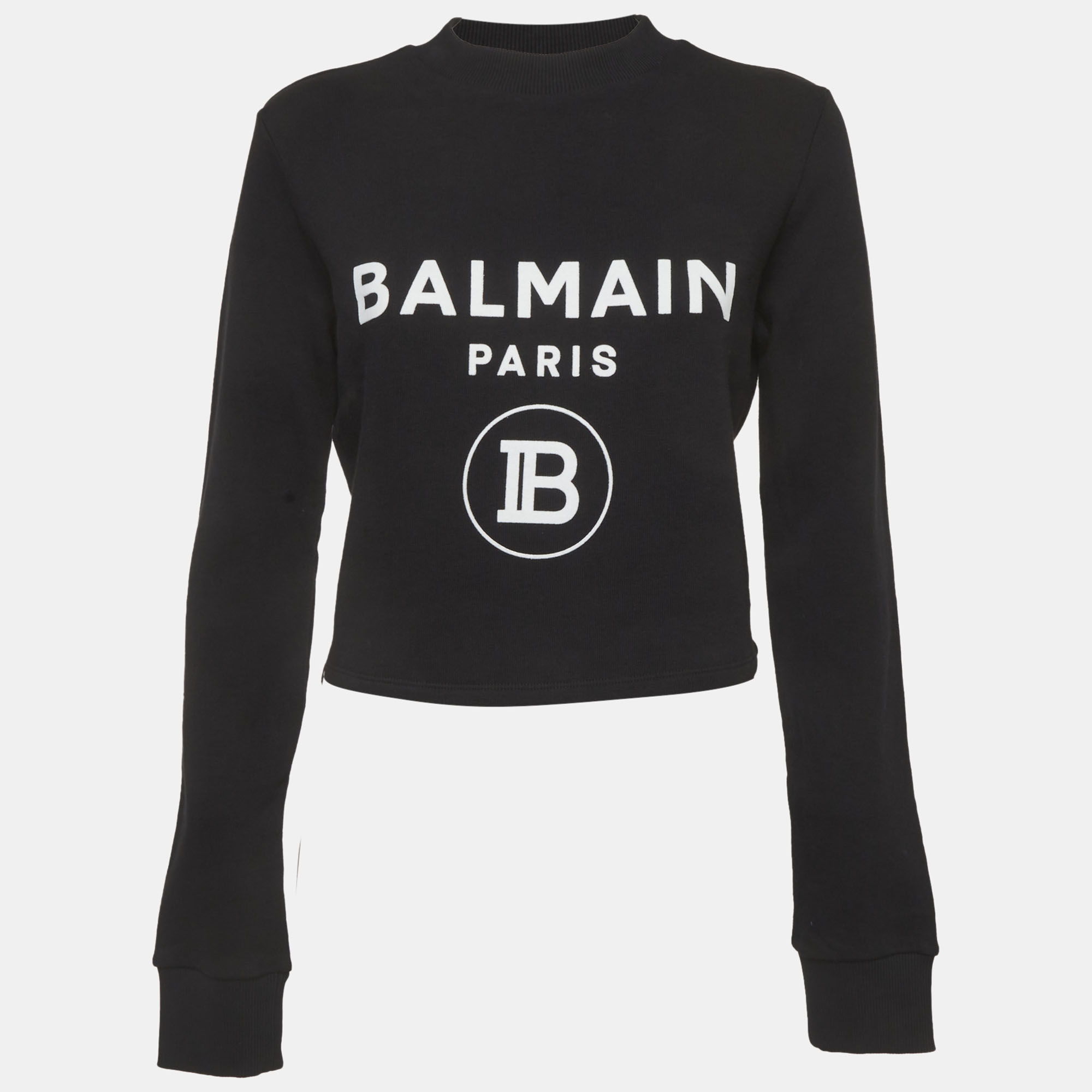 Balmain Black Logo Print Cotton Crop Sweatshirt