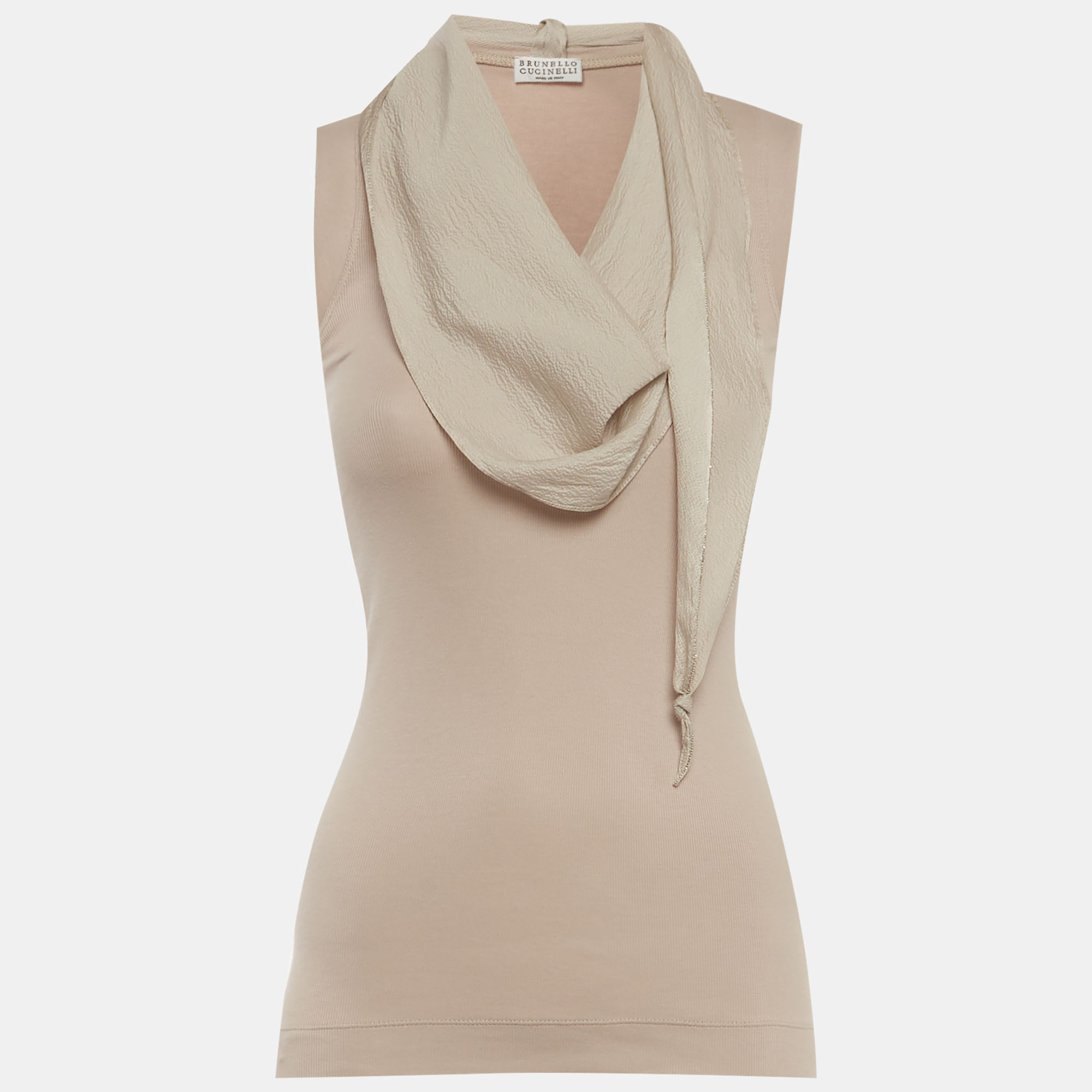 Brunello Cucinelli Grey Rib Knit and Silk Monili Detail Tank Top Brunello Cucinelli Grey Rib Knit and Silk Monili Detail Tank Top