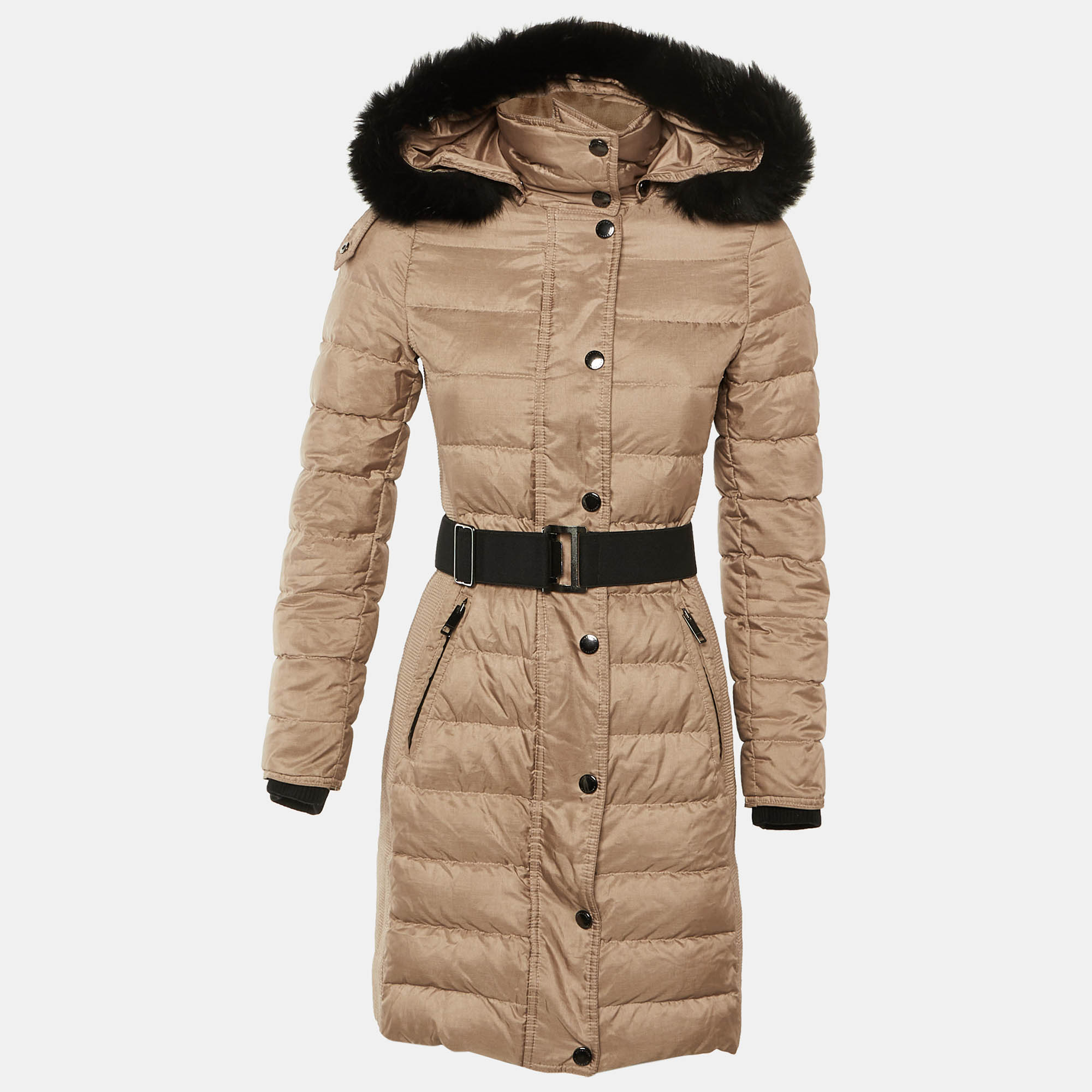 Burberry Beige Synthetic Detachable Hood Fur Detail Puffer Down Jacket