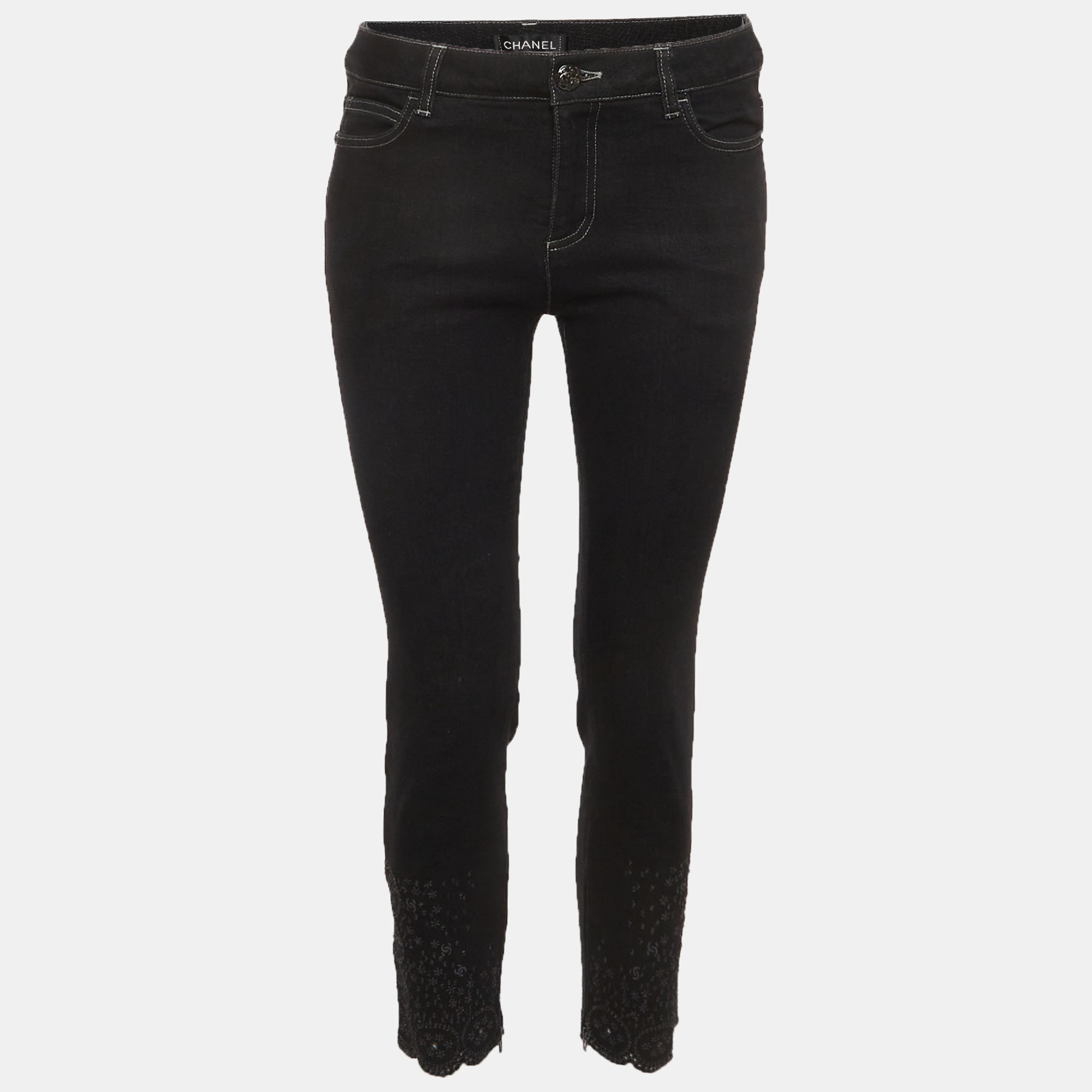 Chanel Black Denim Floral Laser-Cut Camellia Jeans MWaist “ Chanel Black Denim Floral Laser-Cut Camellia Jeans MWaist “