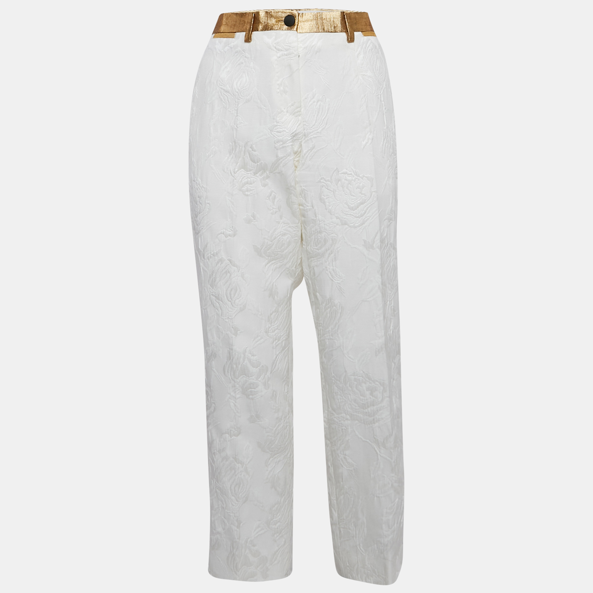 Dolce & Gabbana White Floral Jacquard Contrast Trimmed Trousers Dolce & Gabbana White Floral Jacquard Contrast Trimmed Trousers