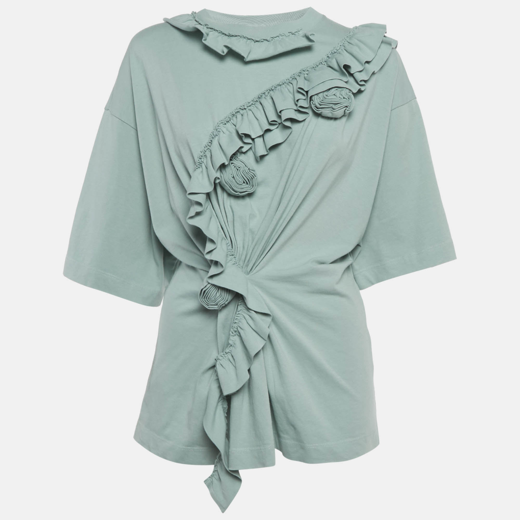 Dries van Noten Sage Green Floral Applique Cotton Ruffle Shirt Dries van Noten Sage Green Floral Applique Cotton Ruffle Shirt
