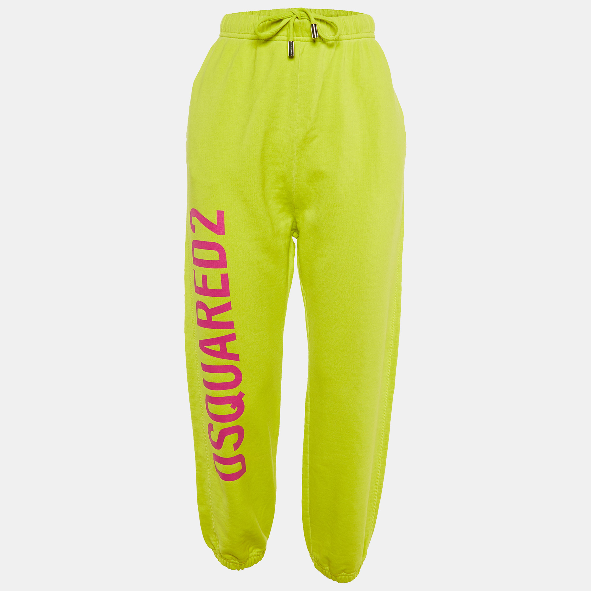 Dsquared Neon Green Cotton Knit Logo Printed Joggers
