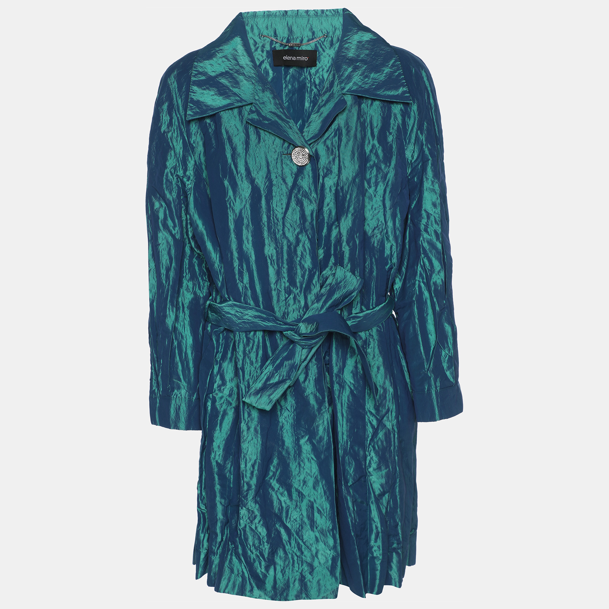 Elena Miro Metallic Green Taffeta Belted Trench Coat