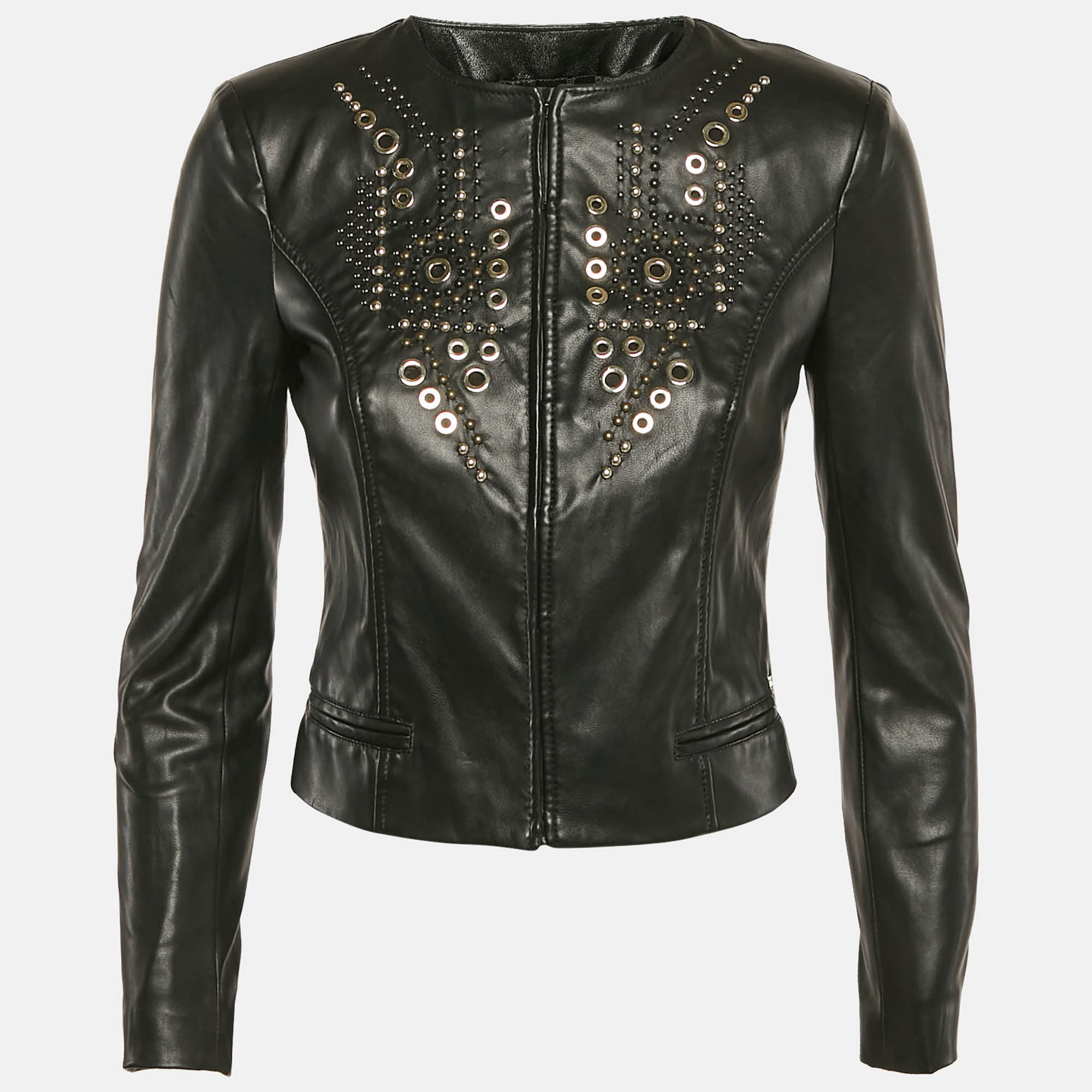 Elisabetta Franchi Black Studded Faux Leather Biker Jacket Elisabetta Franchi Black Studded Faux Leather Biker Jacket