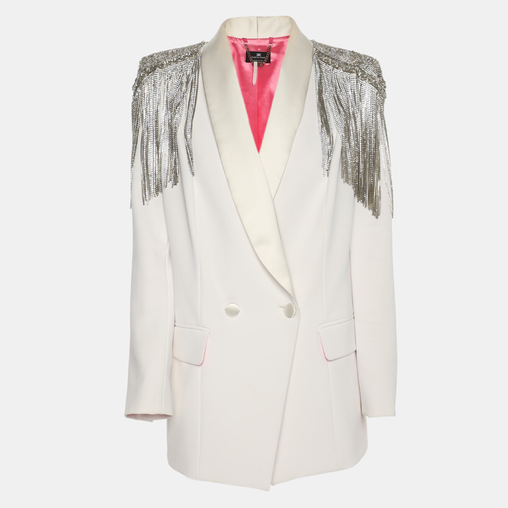 Elisabetta Franchi White Stretch Crepe Metal and Crystal Fringe Double Breasted Blazer Elisabetta Franchi White Stretch Crepe Metal and Crystal Fringe Double Breasted Blazer