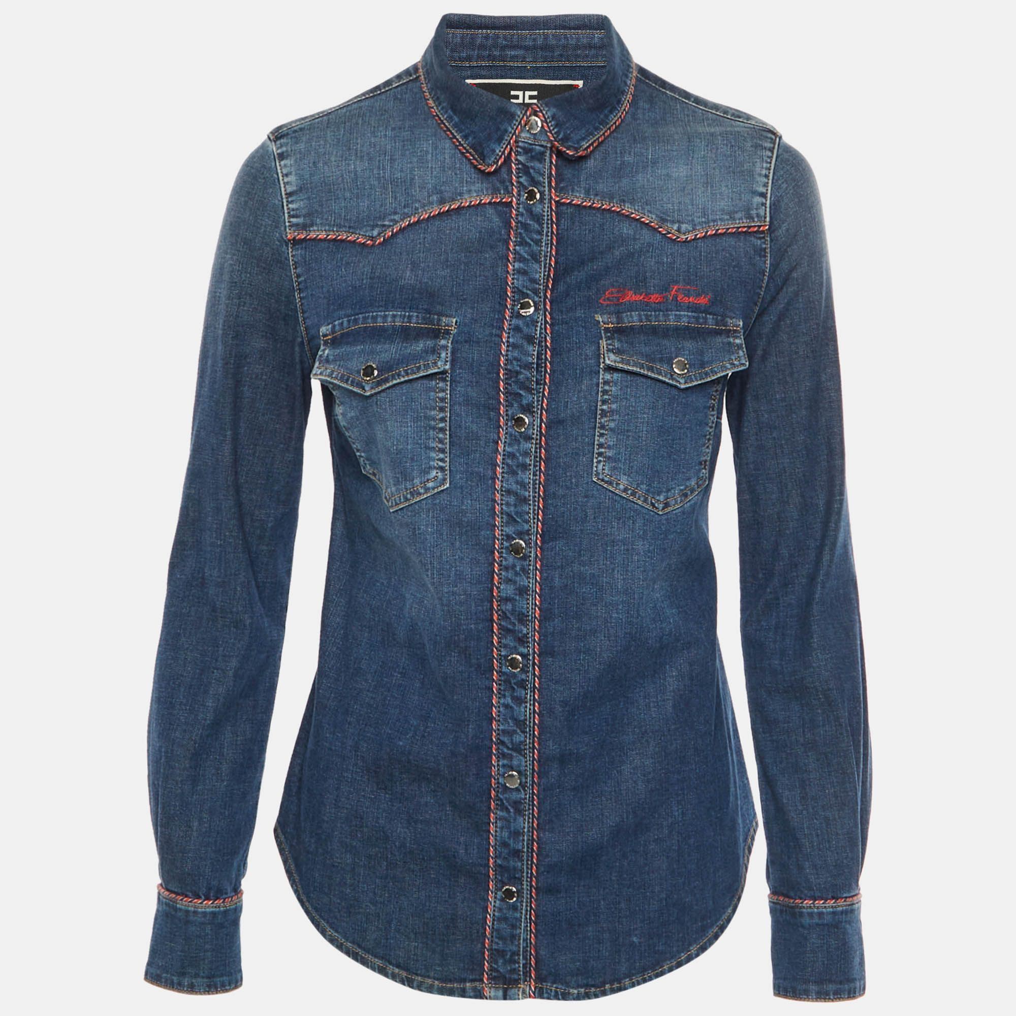 Elisabetta Franchi Blue Logo Embroidered Denim Piped Shirt Elisabetta Franchi Blue Logo Embroidered Denim Piped Shirt