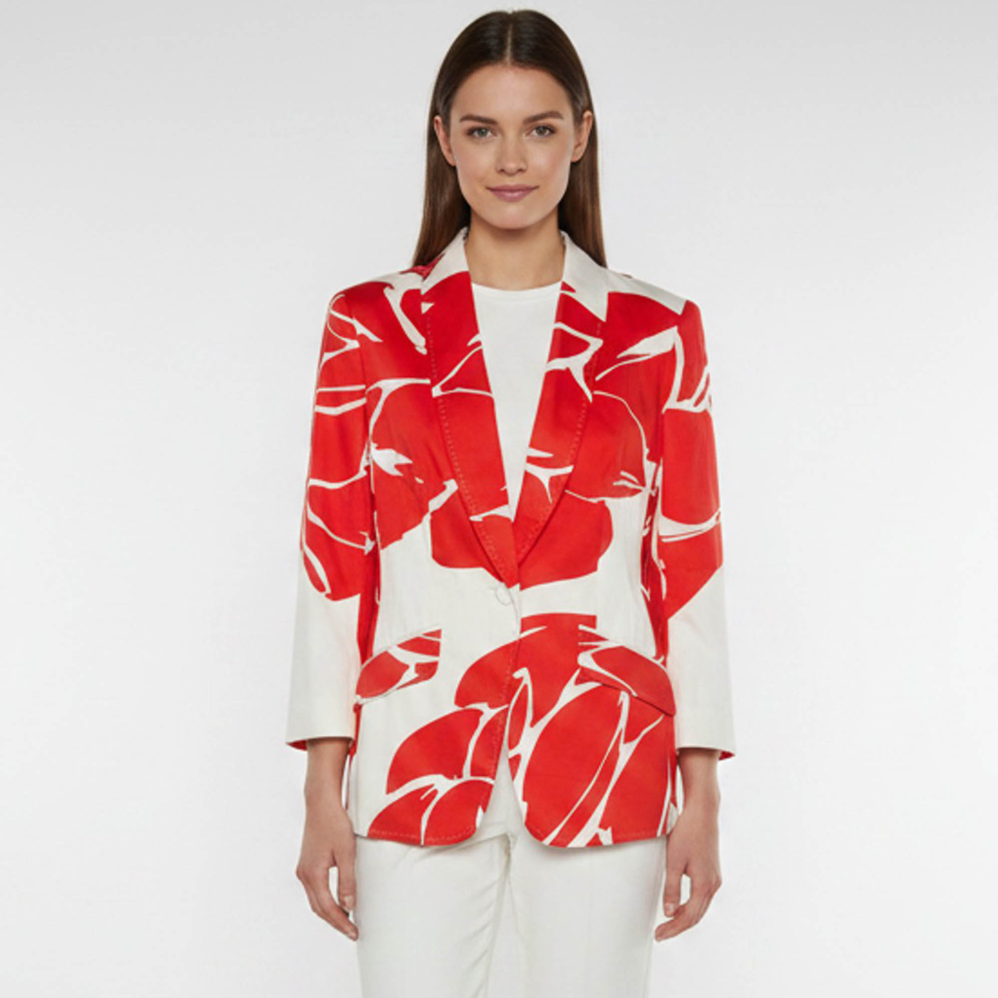Escada WhiteRed Floral Print Stretch Cotton Single Breasted Bethney Blazer Escada WhiteRed Floral Print Stretch Cotton Single Breasted Bethney Blazer