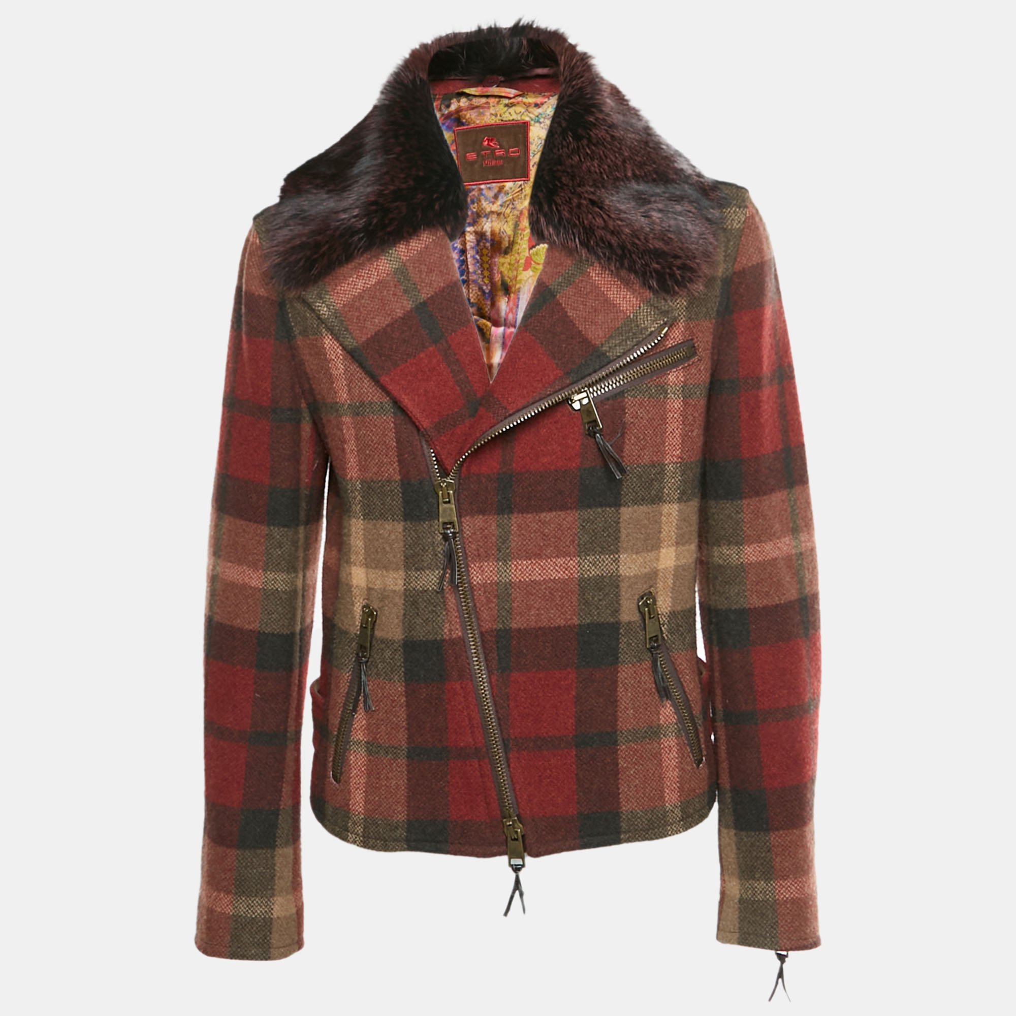 Etro Burgundy Checks Wool and Fox Fur Collar Jacket Etro Burgundy Checks Wool and Fox Fur Collar Jacket