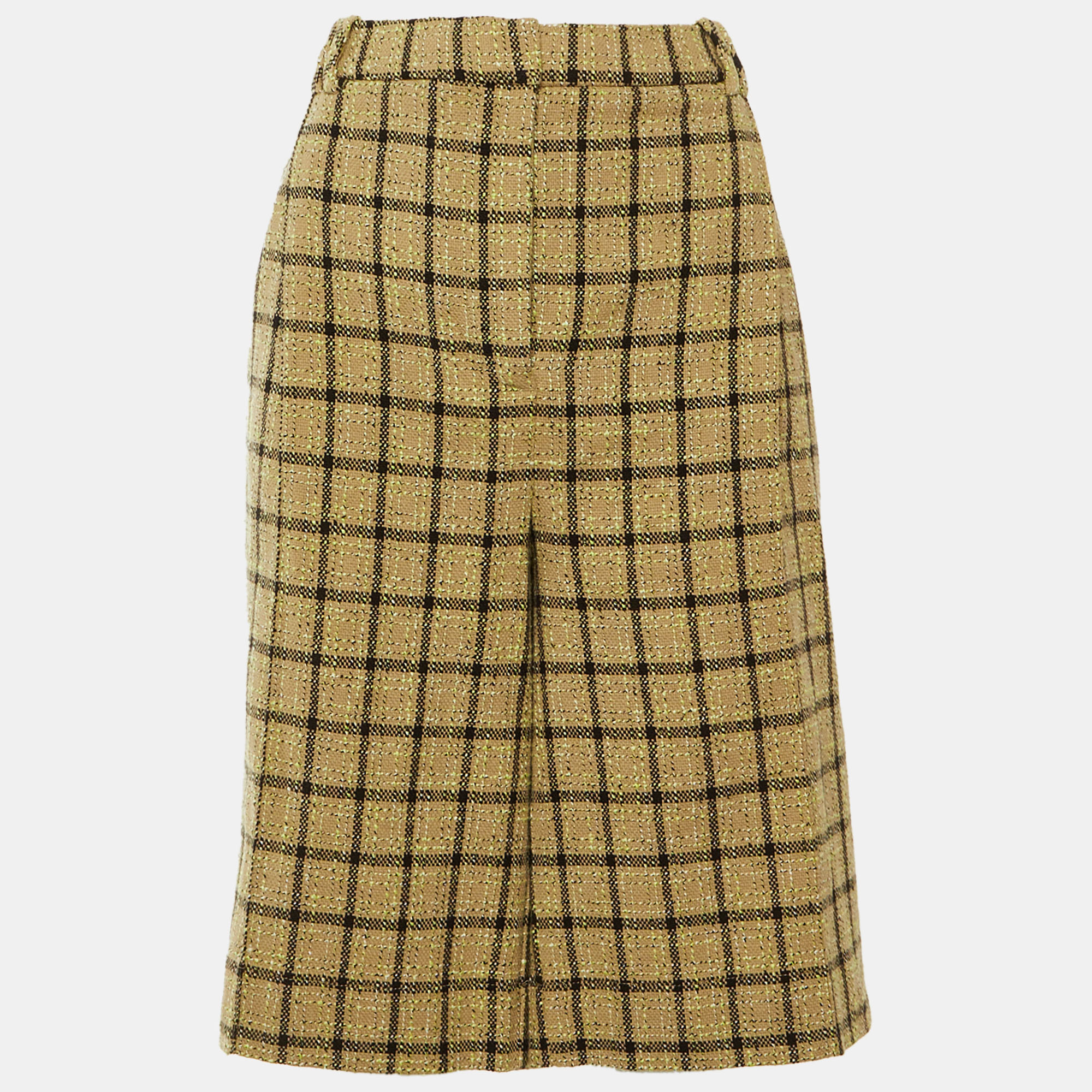 Ganni Beige Checked Cotton Pleated Relaxed Fit Shorts