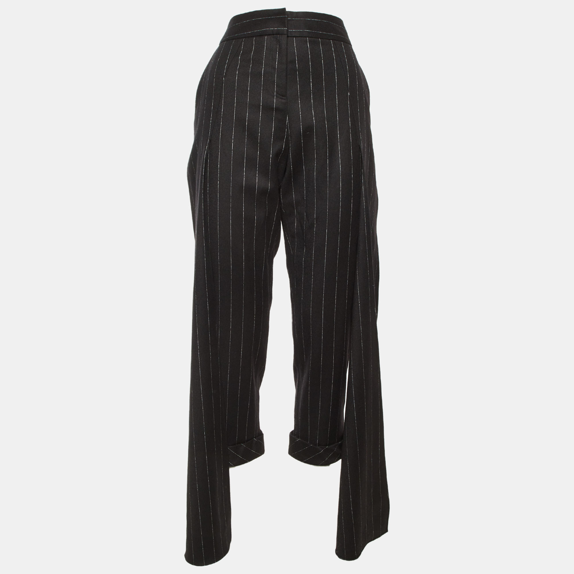 Hellessy Black Pin Striped Wool Overlay Detail Cropped Trousers MWaist “ Hellessy Black Pin Striped Wool Overlay Detail Cropped Trousers MWaist “