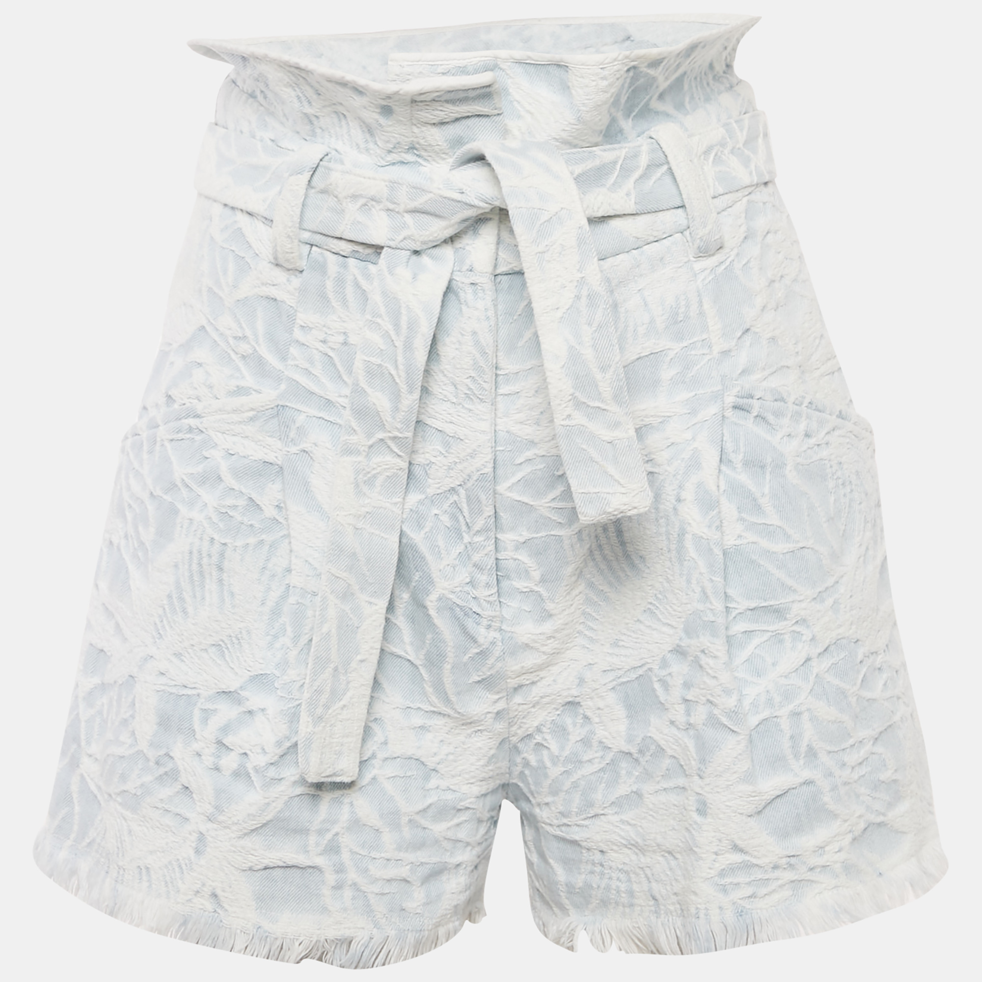 IRO Blue Jacquard Denim Raw Edge Belted Shorts IRO Blue Jacquard Denim Raw Edge Belted Shorts