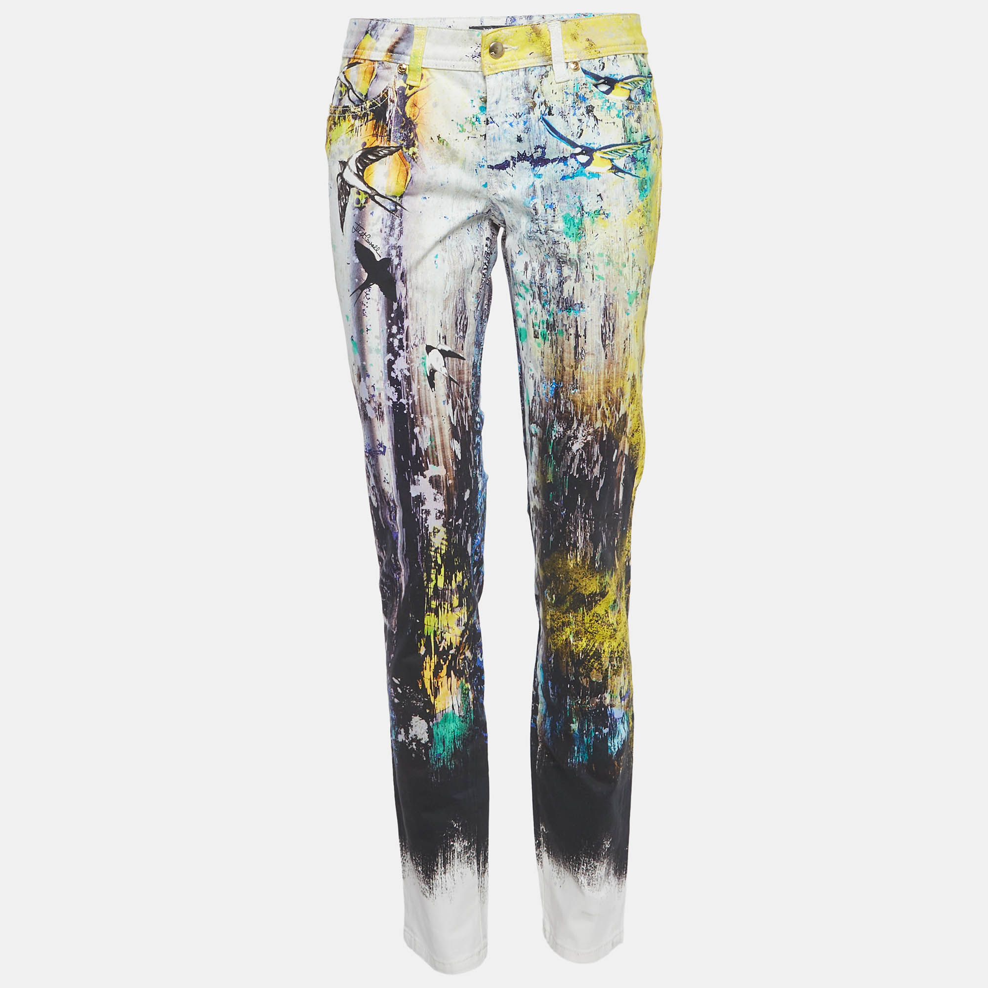 Just Cavalli Yellow Printed Cotton Skinny Leg Jeans MWaist “