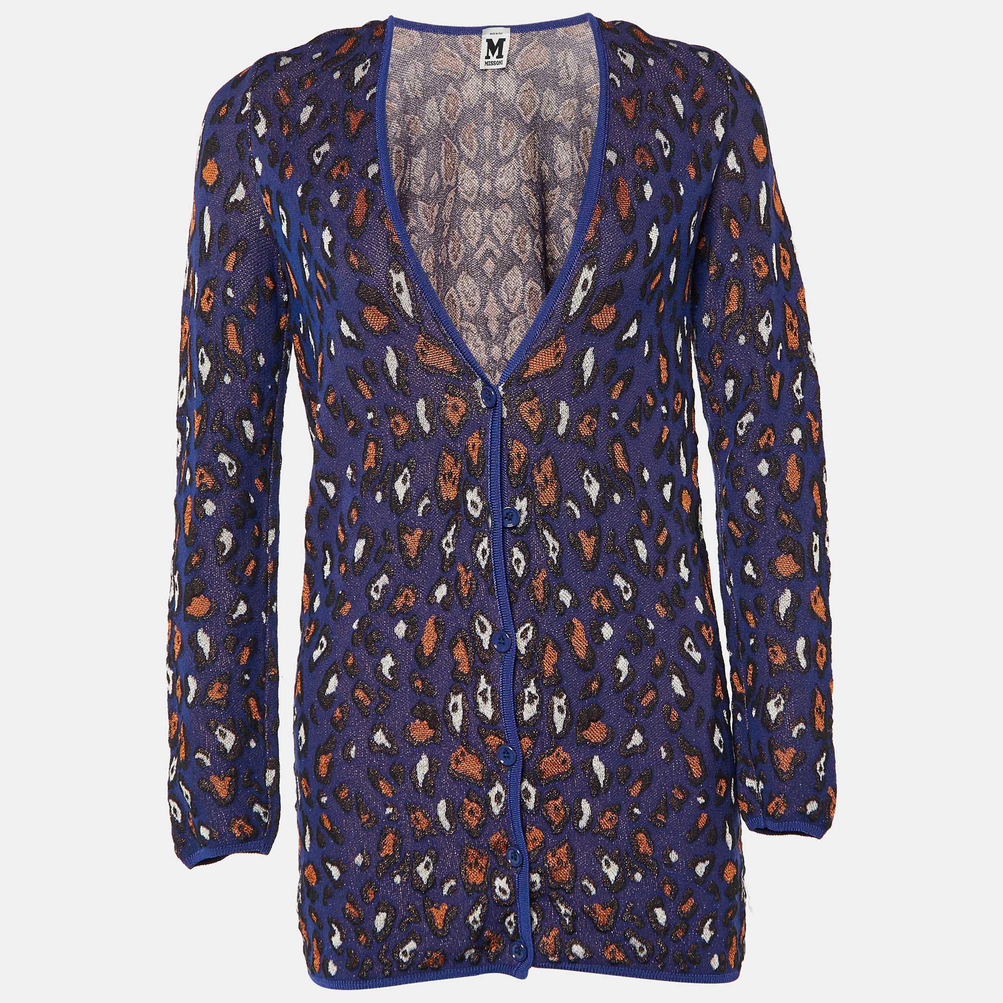 M Missoni Purple Patterned Cotton Knit V-Neck Cardigan