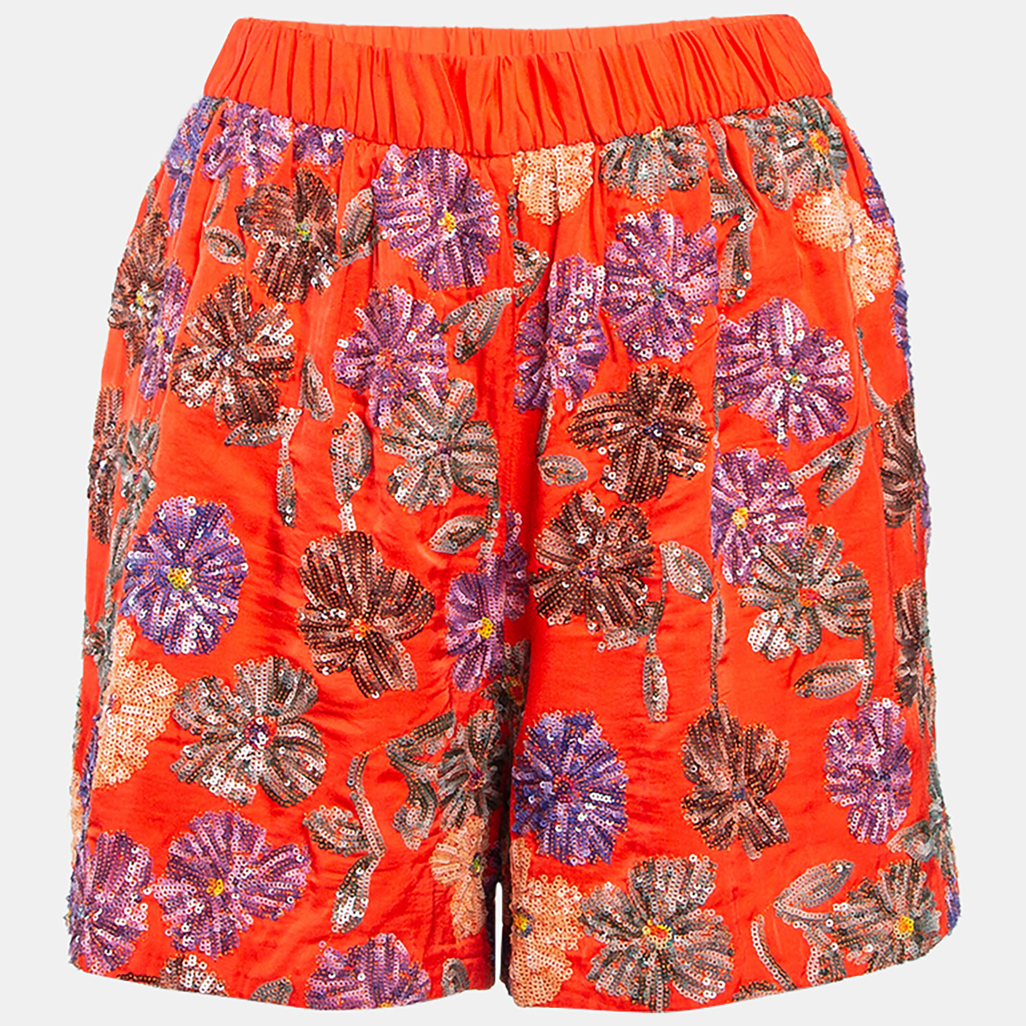 Maje Orange Floral Sequin Embroidered Crepe Izul Shorts Maje Orange Floral Sequin Embroidered Crepe Izul Shorts