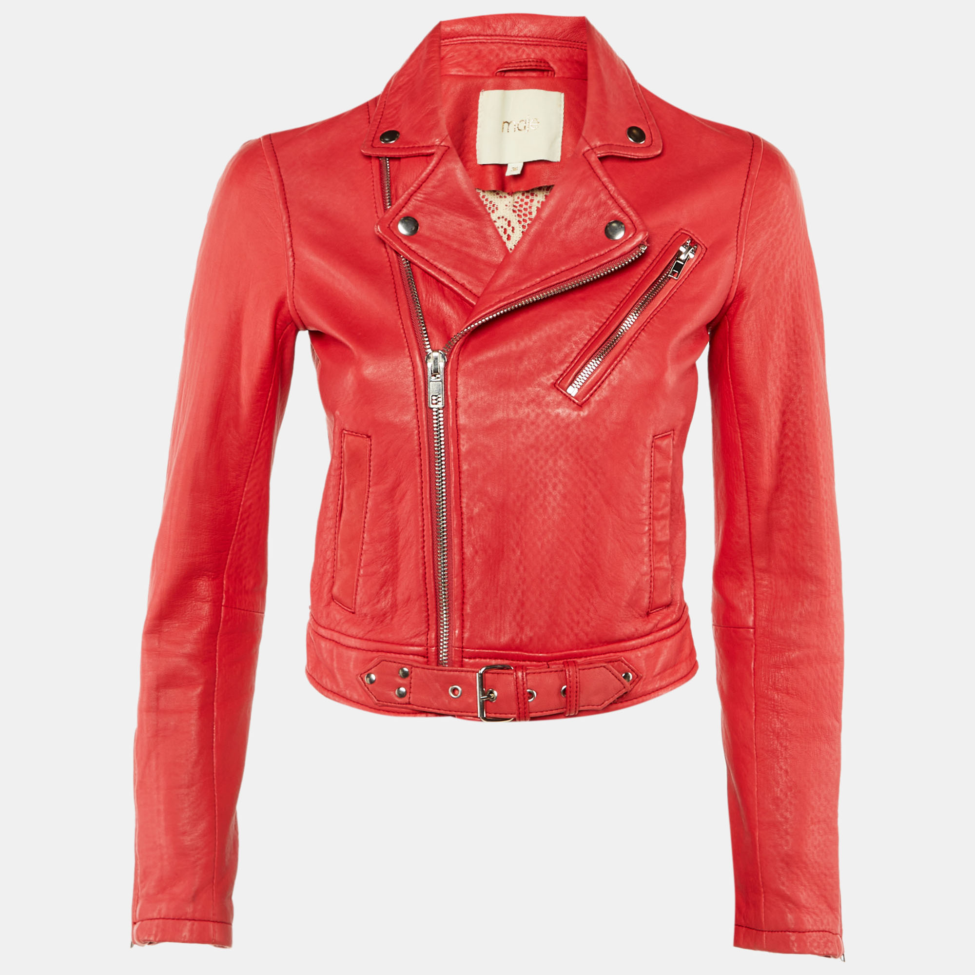 Maje Red Leather Bostep Biker Jacket Maje Red Leather Bostep Biker Jacket