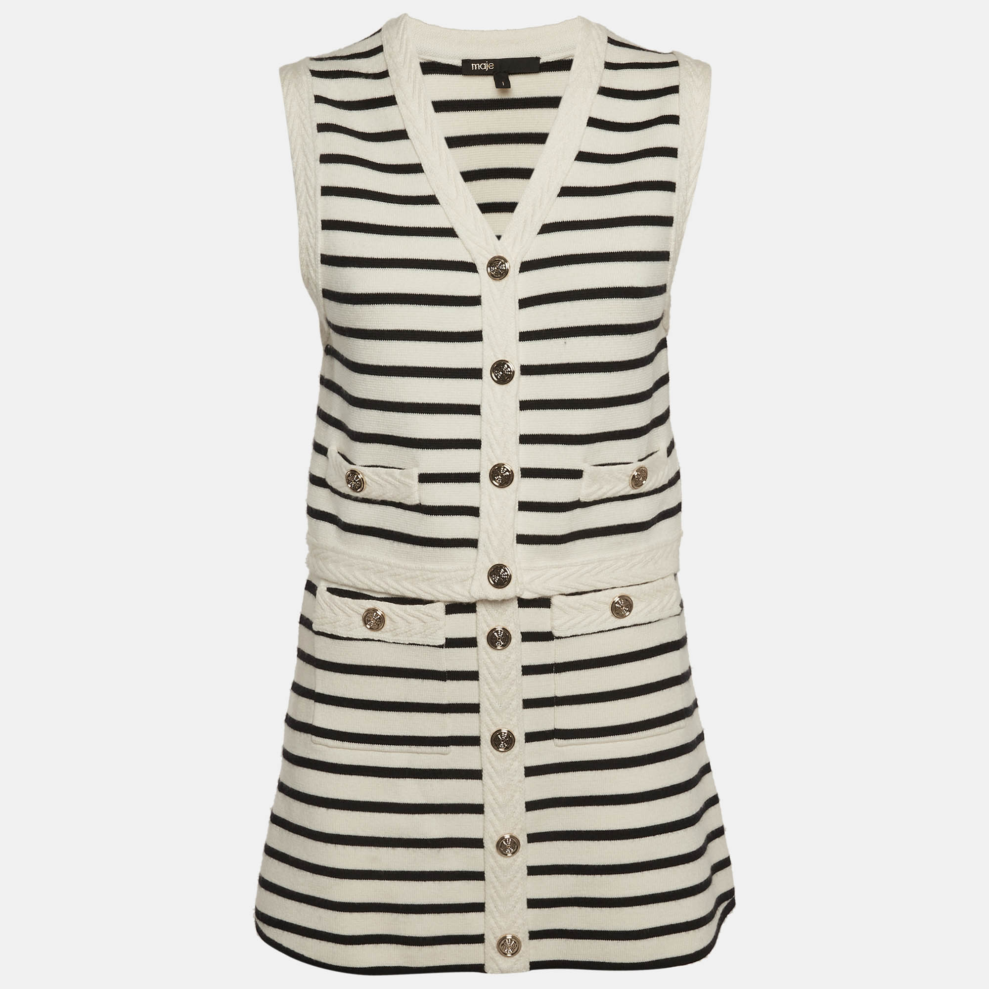 Maje WhiteBlack Striped Knit Vest and Mini Skirt Set Maje WhiteBlack Striped Knit Vest and Mini Skirt Set