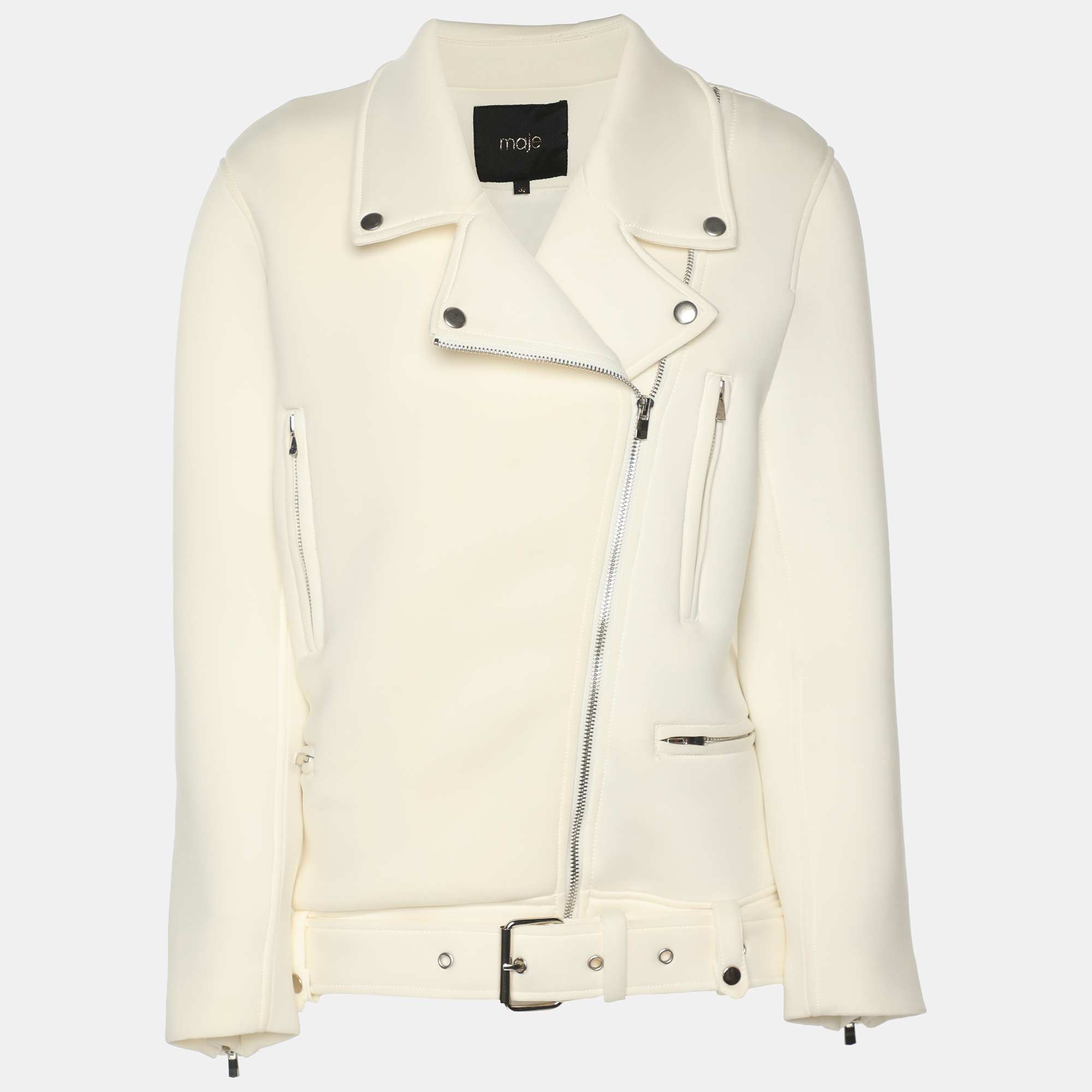 Maje White Neoprene Belted Biker Jacket Maje White Neoprene Belted Biker Jacket