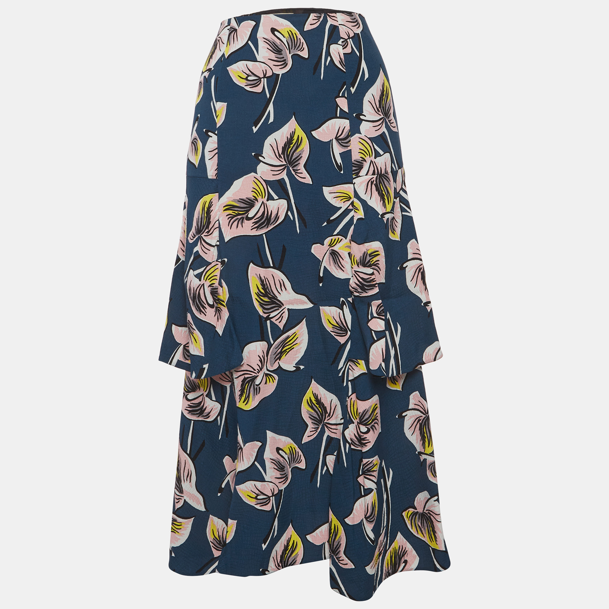 Marni Blue Floral Print Crepe Ruffled Maxi Shirt Marni Blue Floral Print Crepe Ruffled Maxi Shirt