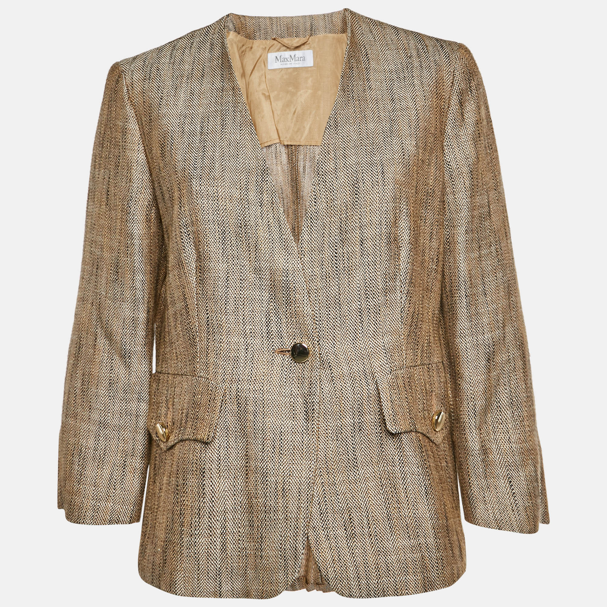 Max Mara Beige Basketweave Linen Blend Single Breasted Blazer Max Mara Beige Basketweave Linen Blend Single Breasted Blazer