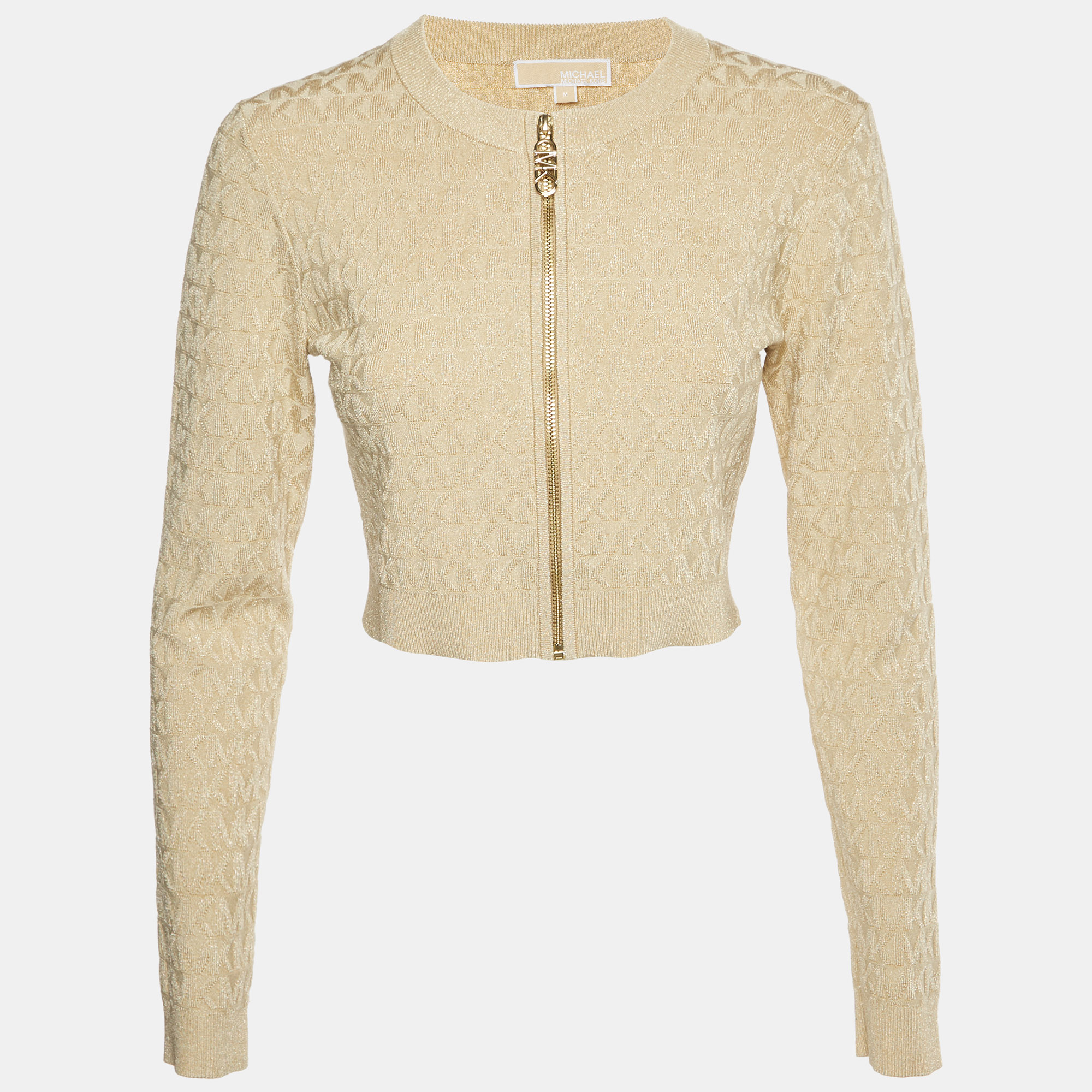 Michael Kors Beige Monogram Lurex Knit Cropped Cardigan Michael Kors Beige Monogram Lurex Knit Cropped Cardigan