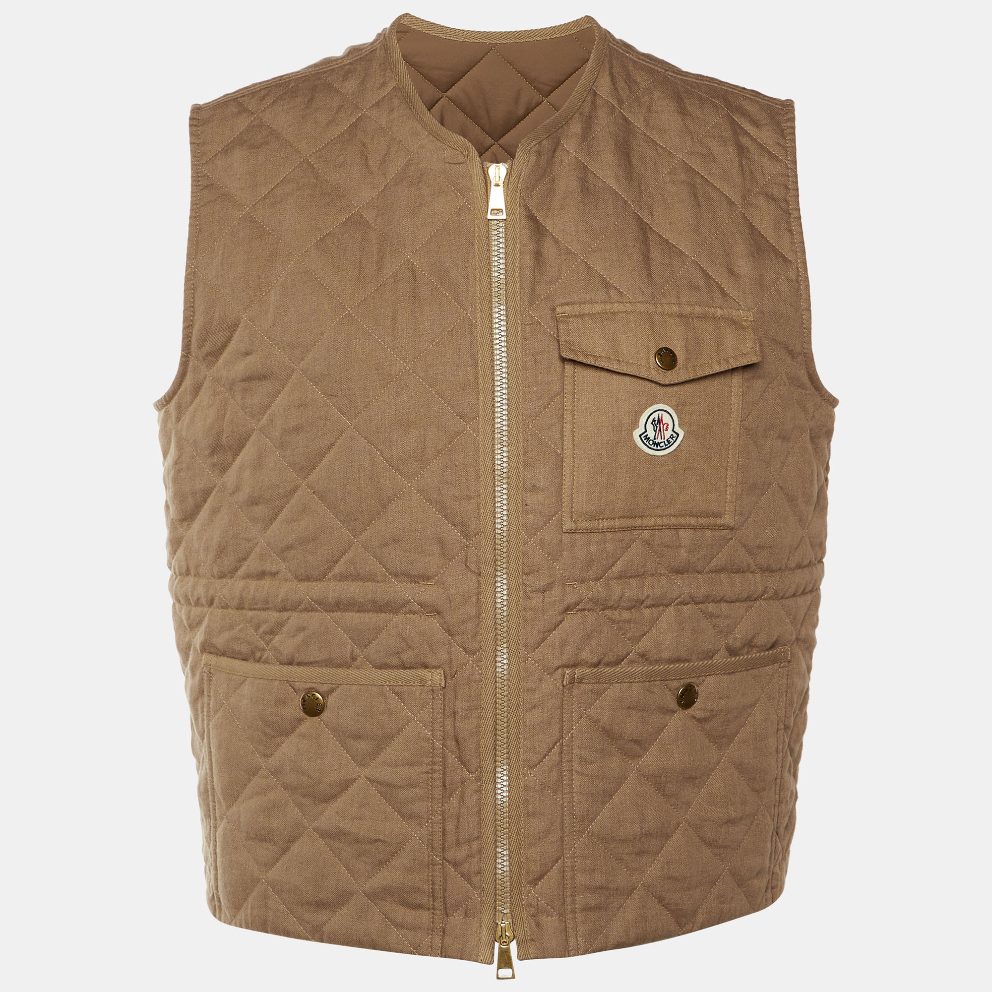 Moncler Brown Quilted Linen Vigny Zip Up Gilet Moncler Brown Quilted Linen Vigny Zip Up Gilet
