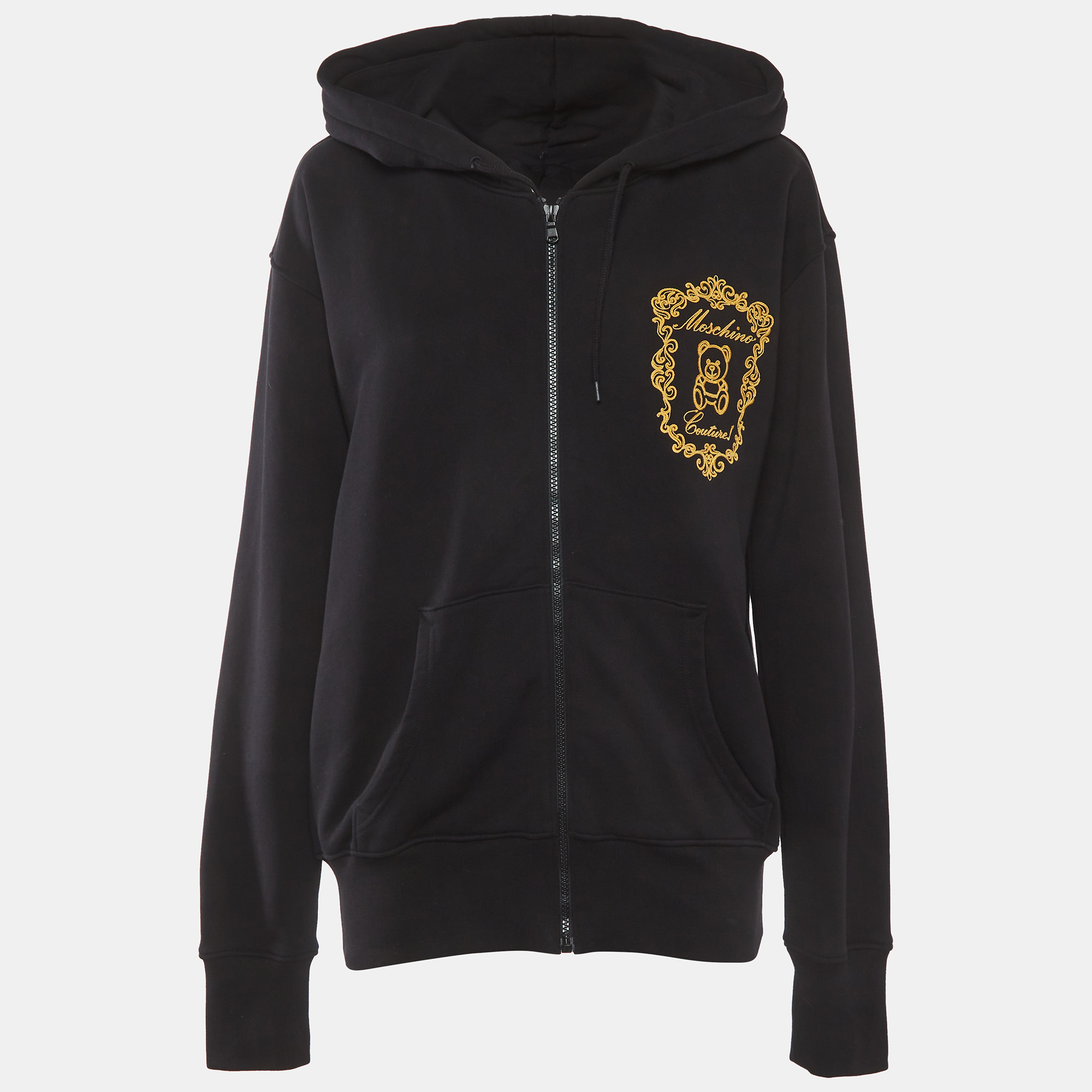 Moschino Couture Black Embroidered Cotton Zip-Up Hoodie